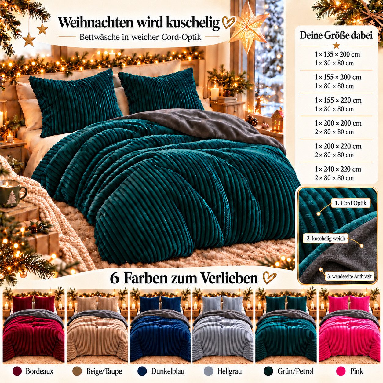 Leonado Vicenti Bettwäsche CORD Optik, Teddy Plüsch, Cashmere Touch, Fleece, 3 teilig, Winter, Wendeseite Anthrazit, flauschig, warm, Nicky-Plüsch – Bild 2 von 5