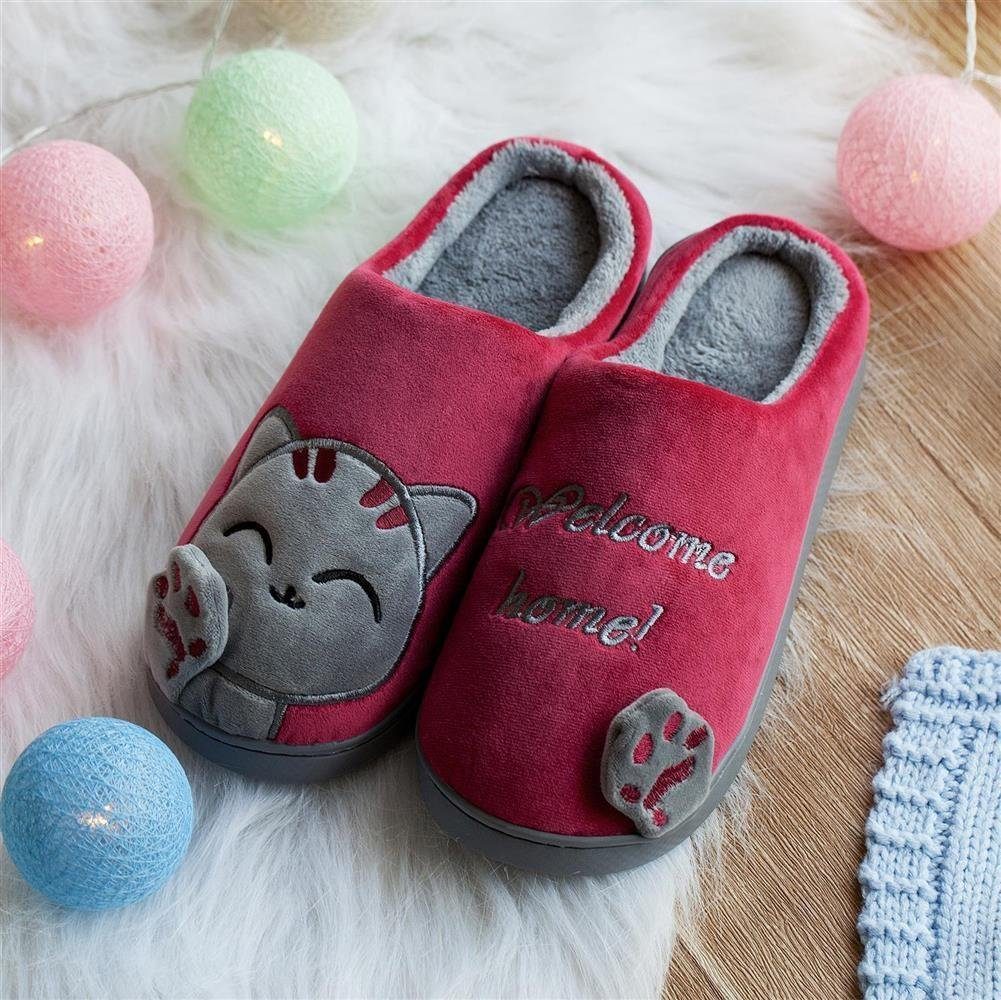Katara Tier Pantoffeln Gr. 34-41 (Einhorn, Katze, Hase) Plüsch Hausschuhe Hausschuhe, weich, warm, süß, kuschelig, Plüsch Katze (Schwarz-Rot)