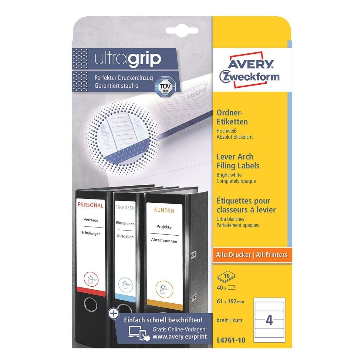 Avery Zweckform Etiketten L4761-10, für Ordner, kurz/breit (61x192 mm), selbstklebend
