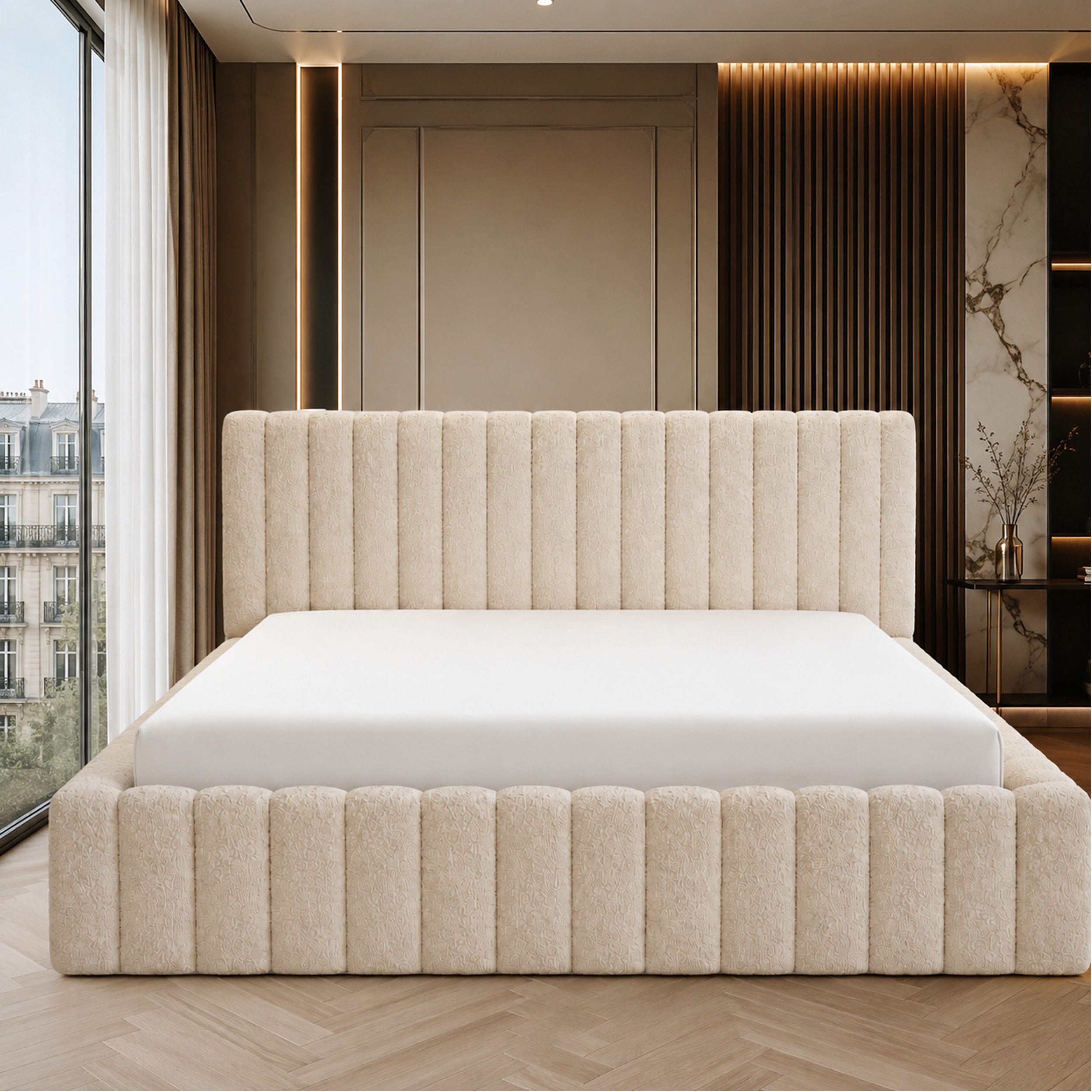 Goldstoff Polsterbett mit Bettkasten und Lattenrost (Boucle-Stoff in "Lammfell", Designerbett, Wolkenbett, Stauraumbett- 140/160/180x200), Erhältlich in 3 Größen und 6 Farben
