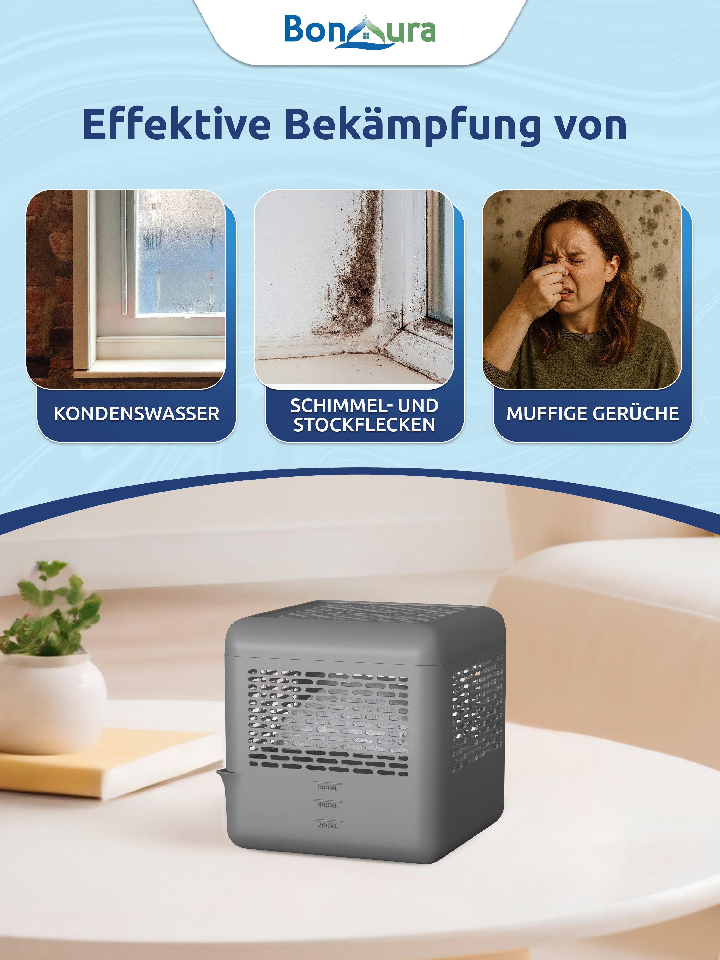 BonAura Luftentfeuchter ohne Strom, für 88 m³ Räume, Tank 0,6 l, 4x Entfeuc günstig online kaufen