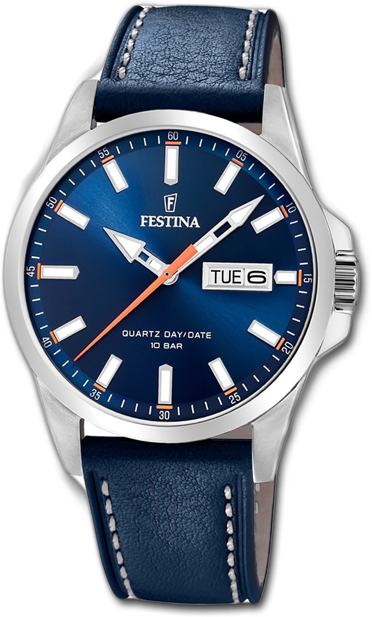 Festina Quarzuhr Festina Leder Herren Uhr Sport, Herrenuhr Lederarmband blau, rund, groß (ca. 41mm)