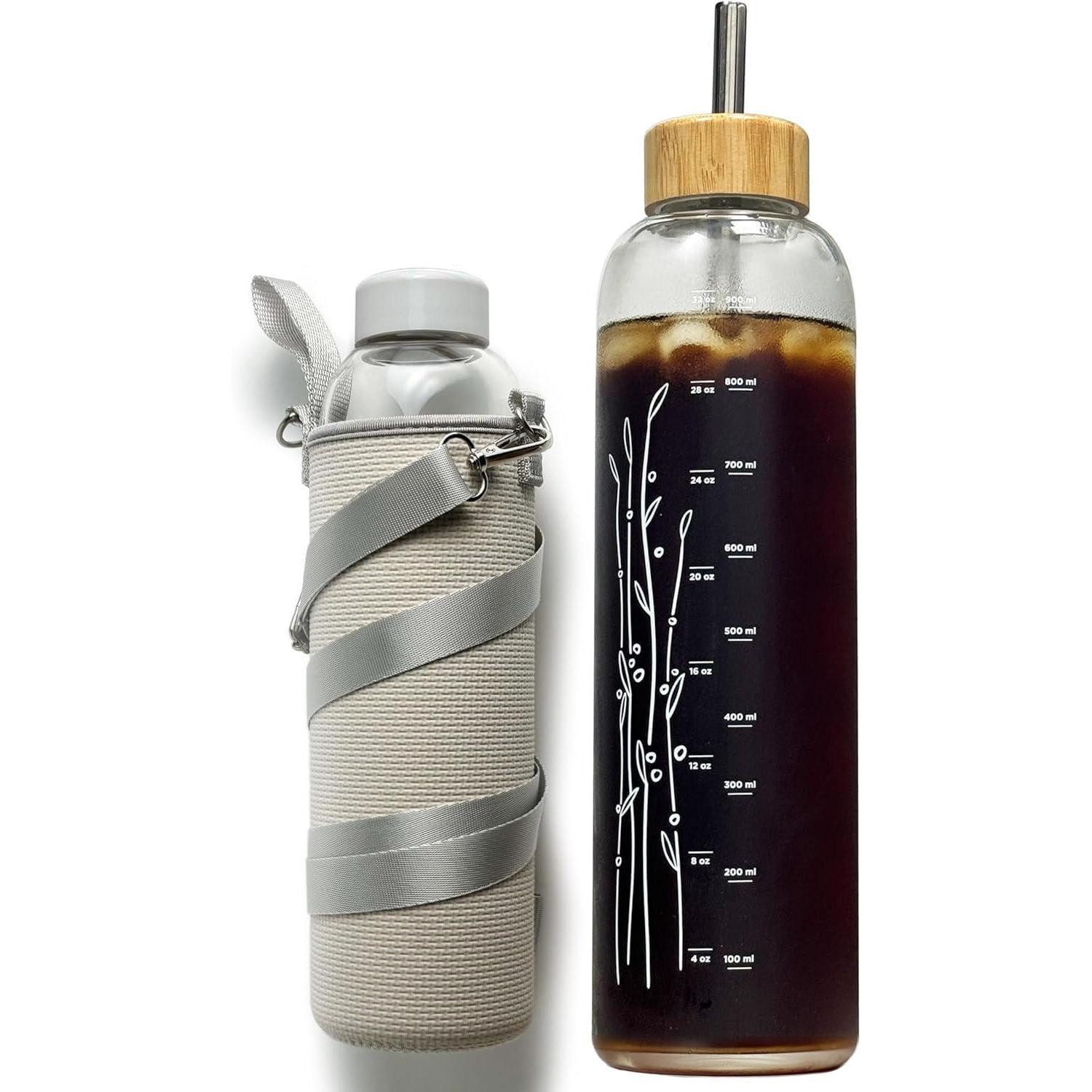 drinmoaer Trinkflasche 900ml Glasflasche mit 2 Deckeln, Sport Wasserflasche Neoprenhülle