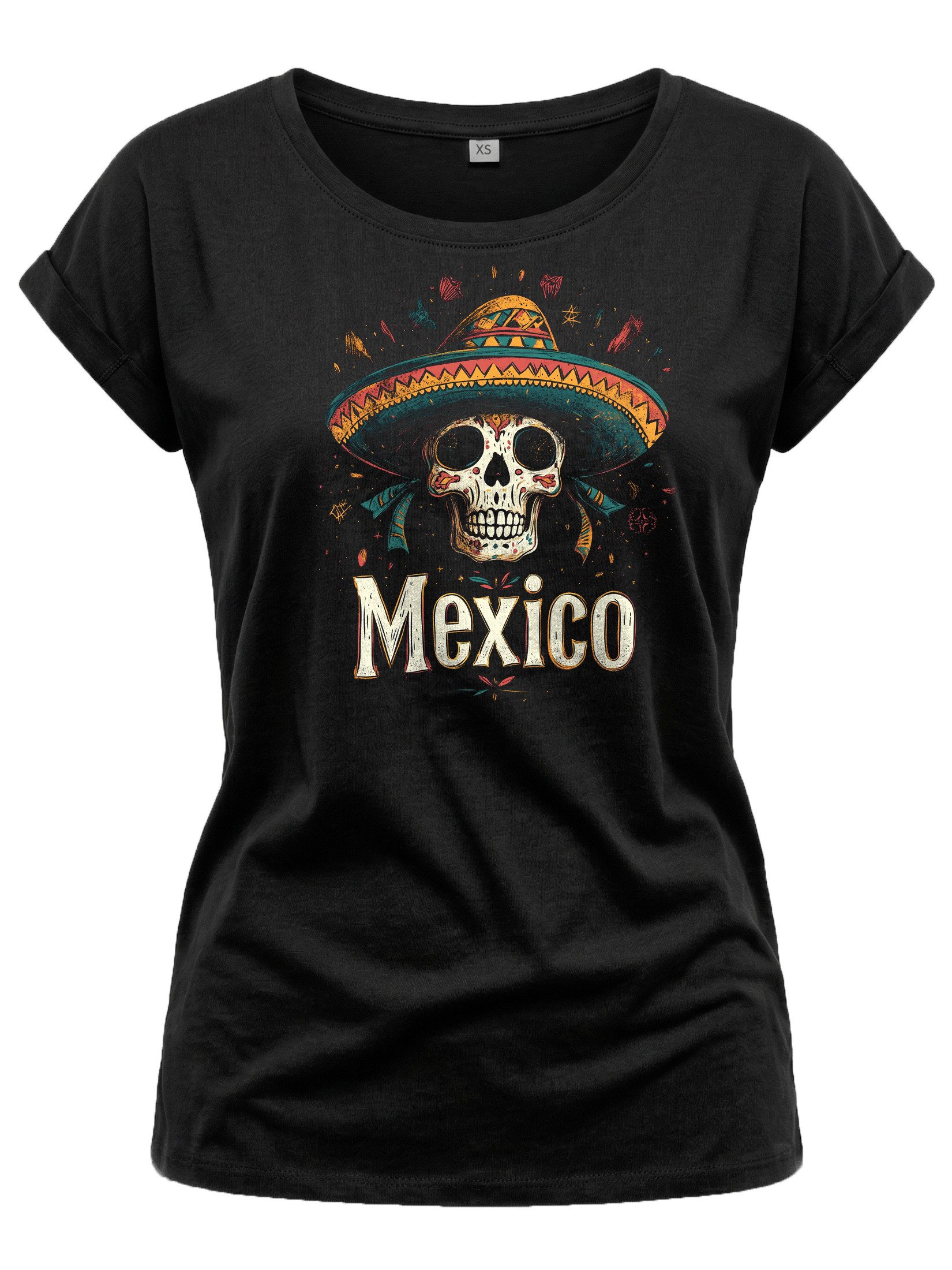 Print-Shirt Damen Mexiko Totenkopf Kurzarmshirt mit Aufdruck Skull Top Sportlich