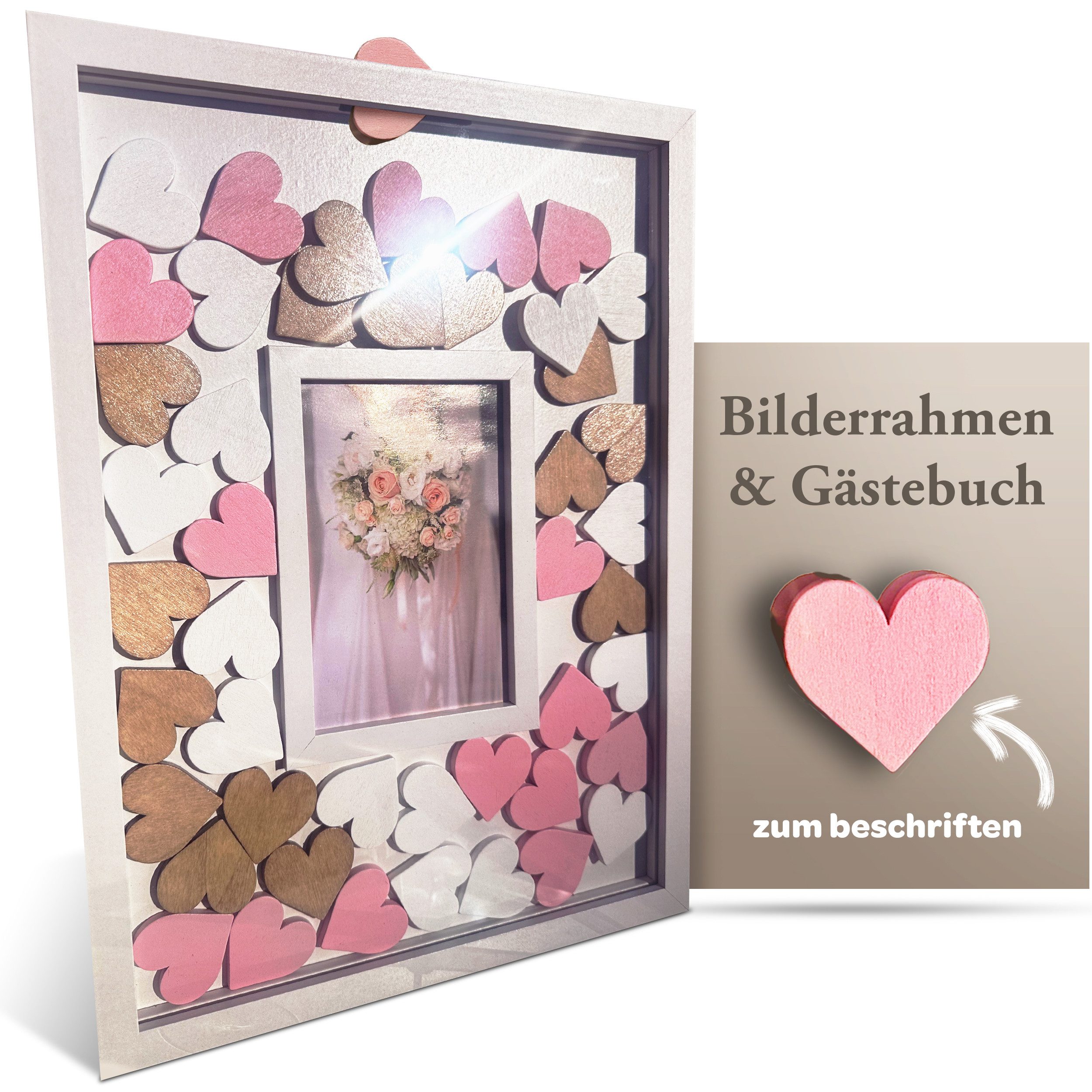 ReWu Bilderrahmen zum Basteln Bilderrahmen mit beschriftbaren Holzherzen Gästebuch, für 1 Bilder