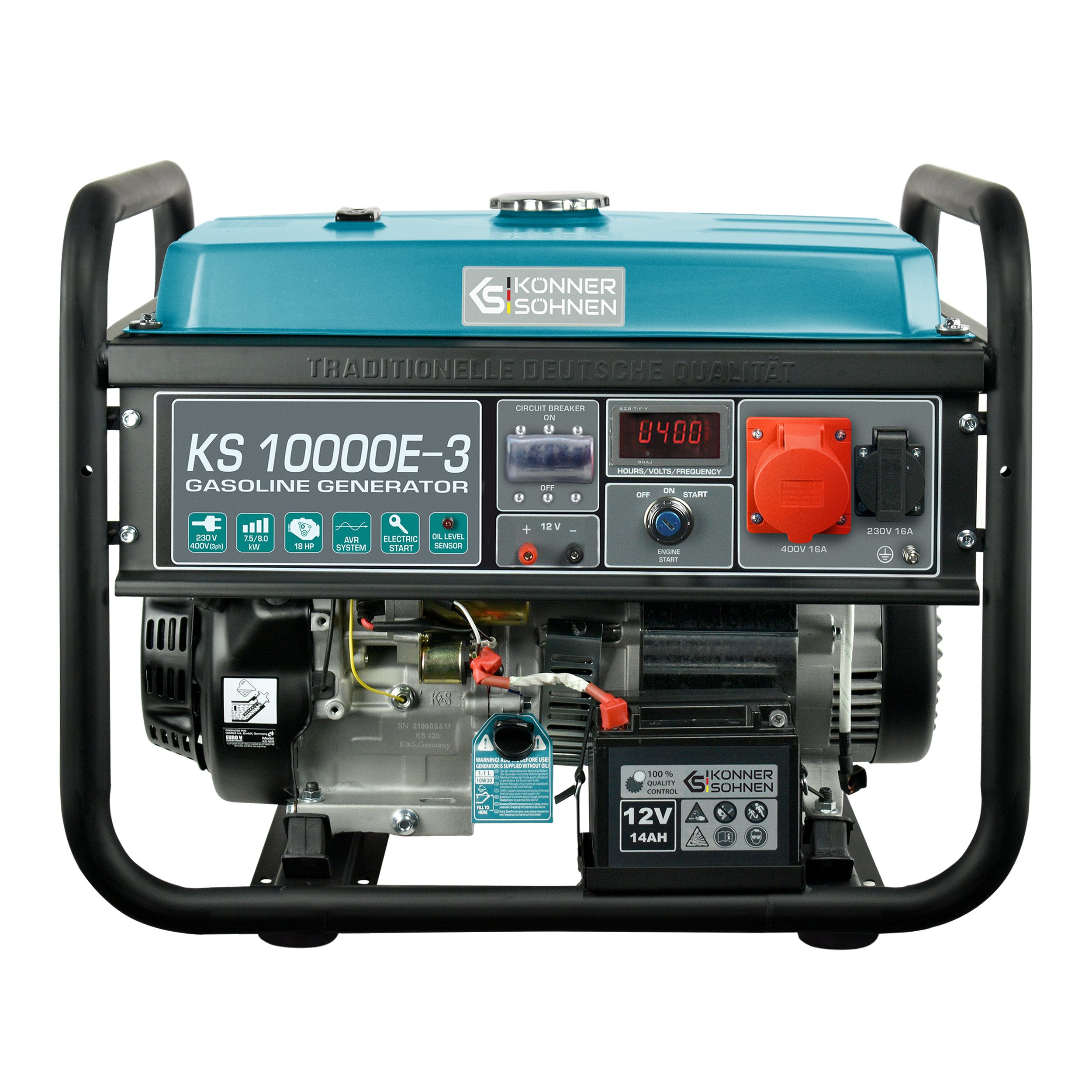 Könner & Söhnen Stromerzeuger KS 10000E-3, 8,00 in kW, (für Drehstromverbraucher (400V), 1-tlg., Hand/Elektroanlasser, EURO 5), LED-Anzeige (Spannung, Frequenz, Betriebsstundenzähler)