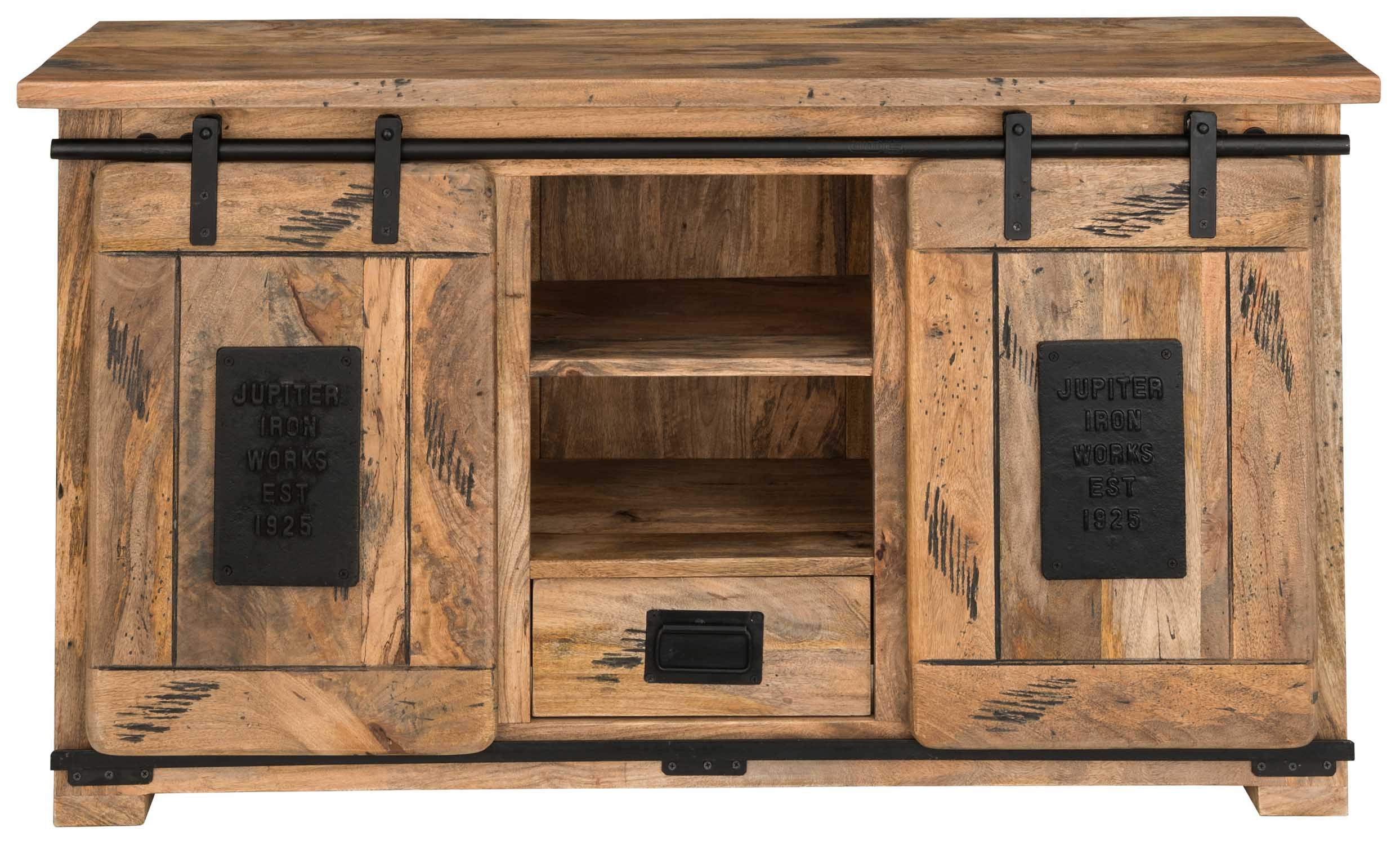 MR.DEKO Kommode Florenz Mango Vintage 128 x 45 x 70 cm Fernsehrschrank (TV-Kommode 128 cm breit, passende Möbel erhältlich), 1 Schublade, 2 Fächer, 2 Schiebetüren, Vintage, Metallrahmen