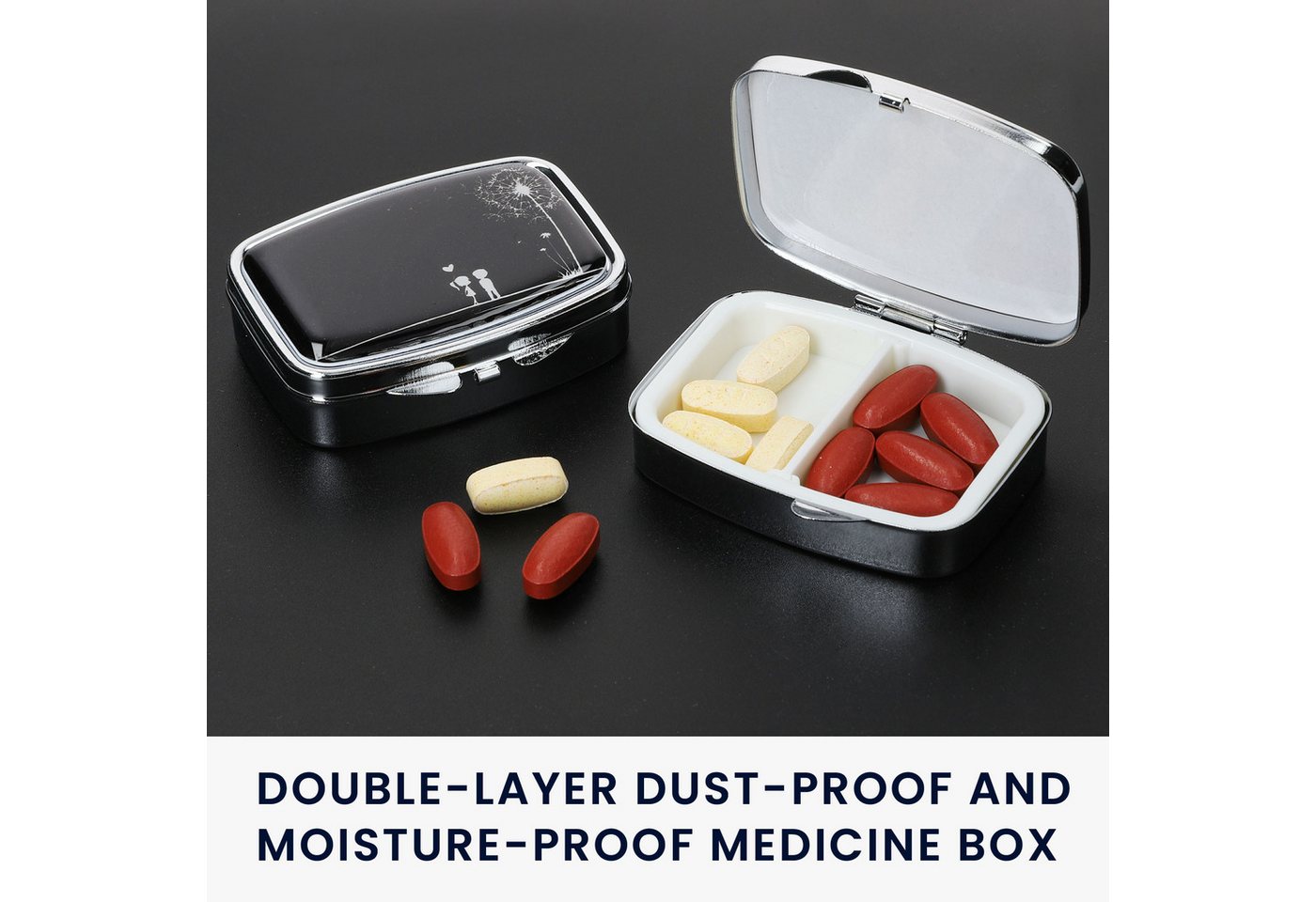 Thumbnail - kwmobile Pillendose Edelstahl Tablettenbox mit 2 Fächern 5,5 x 4 x 1,5cm (1 St), Pillendose Tablettendose Tragbare Pille...