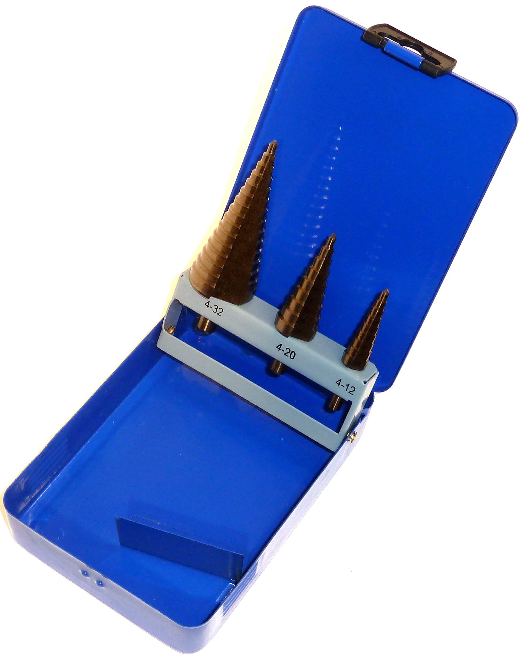 PeTools Stufenbohrer 3tlg. Edelstahl Stufenbohrer-Set (4-32mm) HSS-E Co5 Bohrer Kegel Konus, (3-tlg)