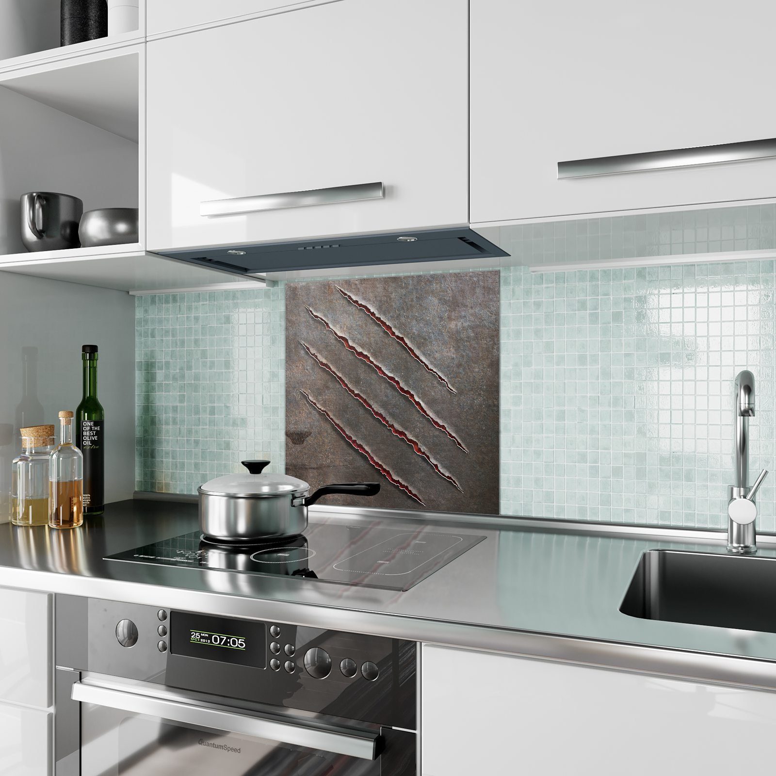 Primedeco Küchenrückwand Küchenrückwand mit Glas Kratzer Motiv in Metall Spritzschutz