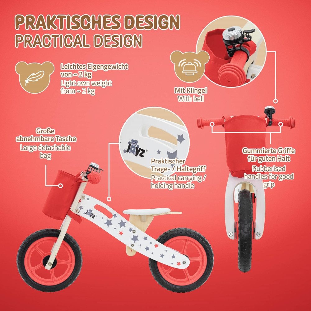 Joyz Laufrad Holzlaufrad mit verstellbarer Sitz und Stoffbeutel Klingel Tragegriff 11 Zoll, Kinderfahrrad Rot für Kinder ab 2 bis 5 Jahren Lauflernrad 85x35x54cm