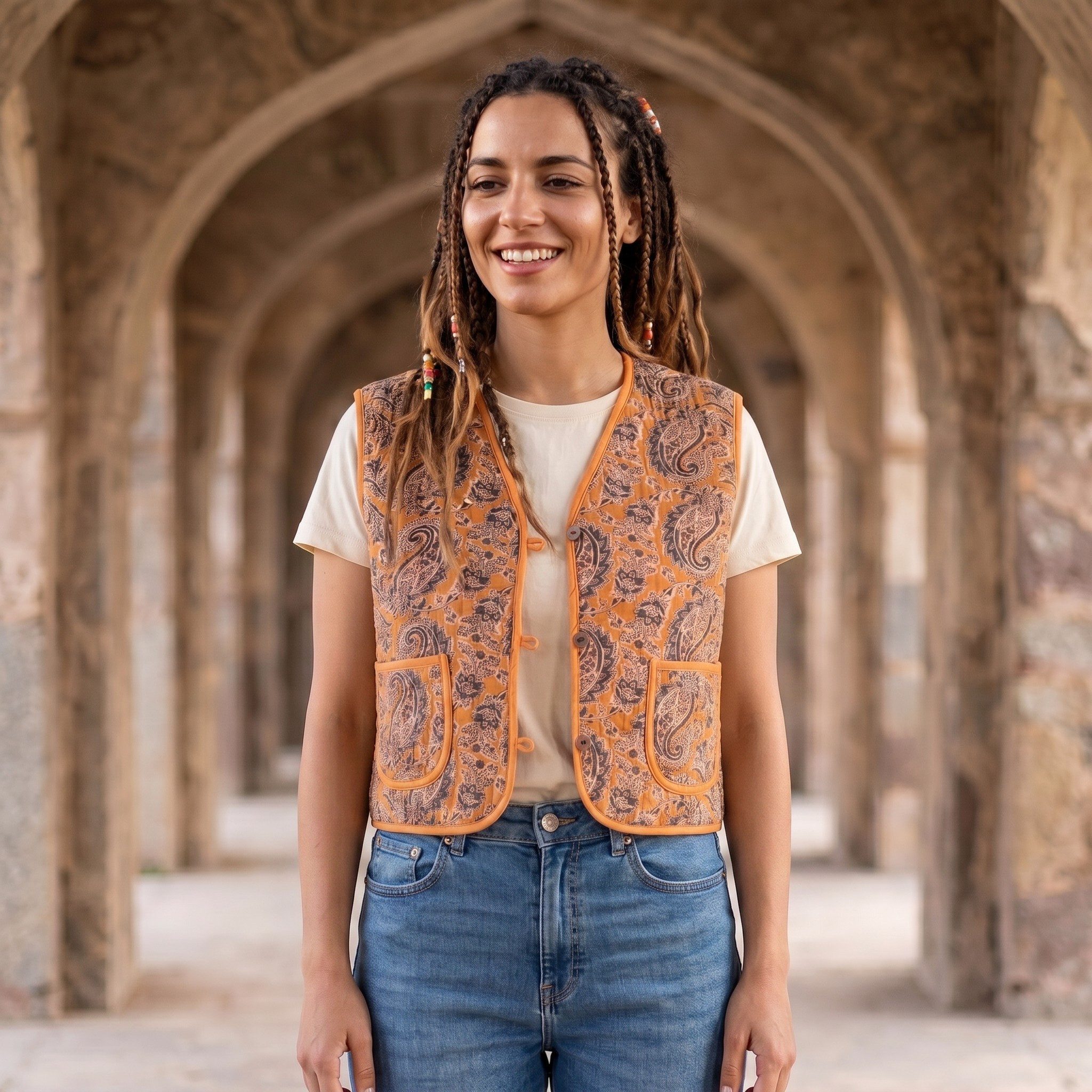 Guru-Shop Langjacke Steppweste, Blockdruck Boho Weste - kurkuma alternative Bekleidung