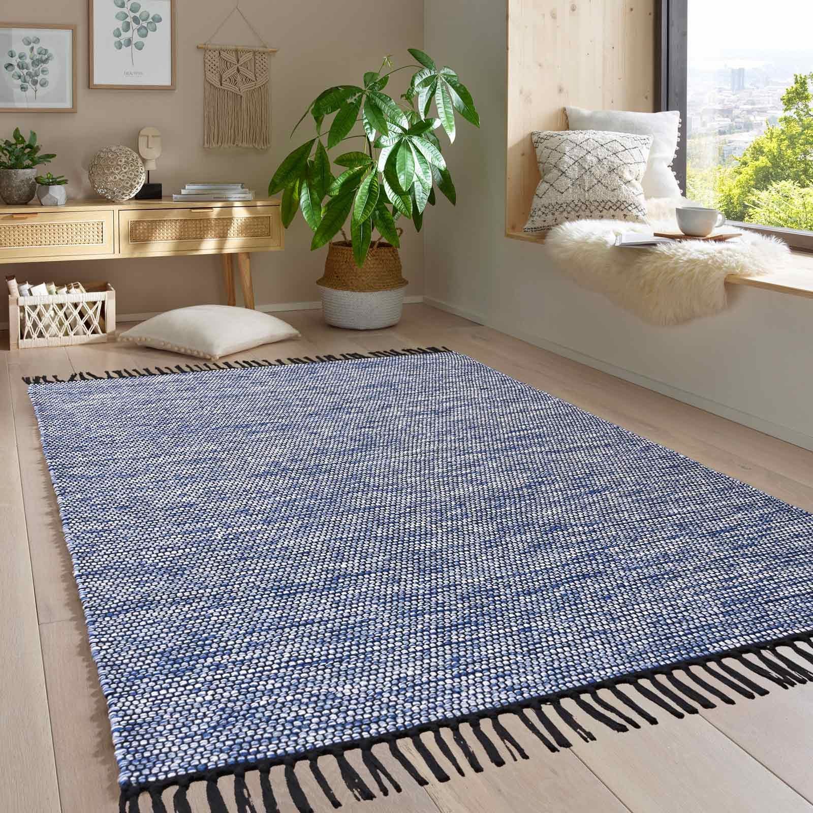 Wollteppich Handwebteppich Borkum Küche gewebt Baumwolle, Wohnzimmer blau TaraCarpet, 100% 5 Höhe: nachhaltig Baumwolle mm, rechteckig, cm modern 080x150