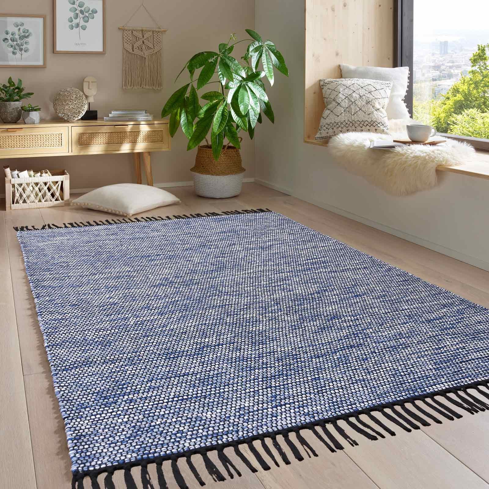 TaraCarpet Wollteppich Handwebteppich Borkum 100% Baumwolle, rechteckig, Höhe: 5 mm, gewebt Baumwolle blau modern Wohnzimmer Küche 080x150 cm