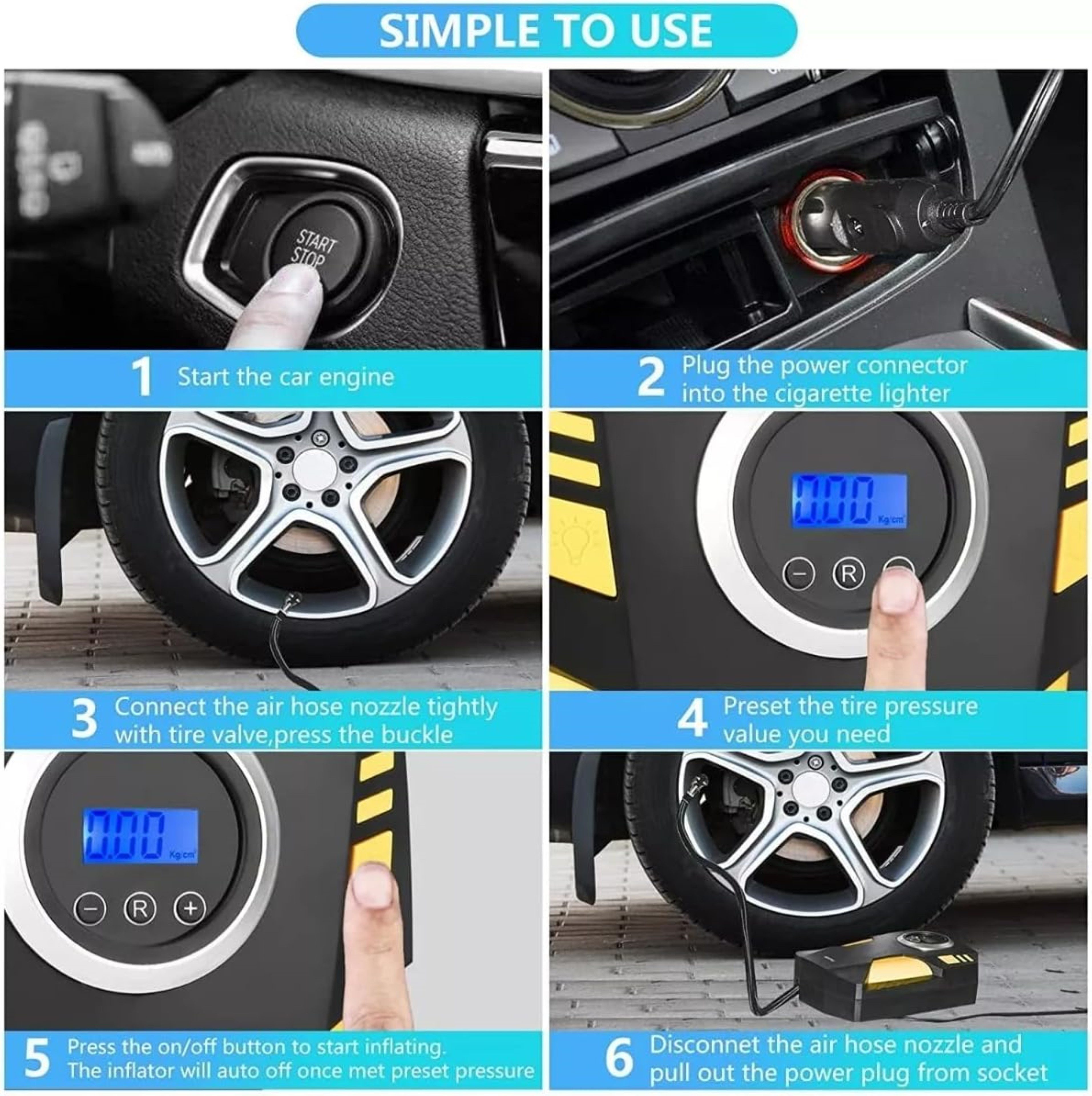 LA CUTE Kompressor 12V Digitaler Reifenfüller mit LED-Licht, 3 Düsen für Au günstig online kaufen