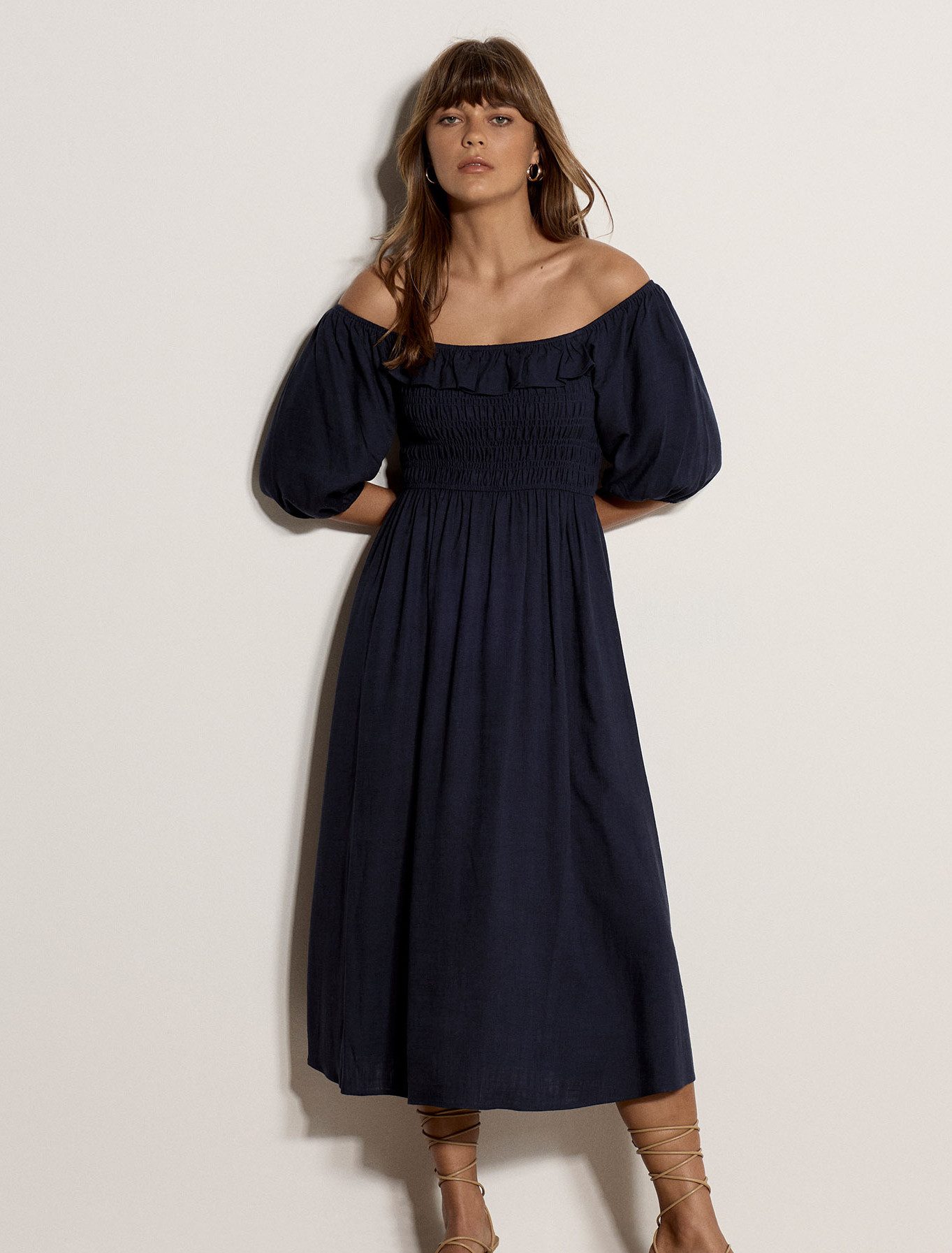 Apricot Maxikleid Langes Kleid mit Bardot-Ausschnitt mit Raffungen