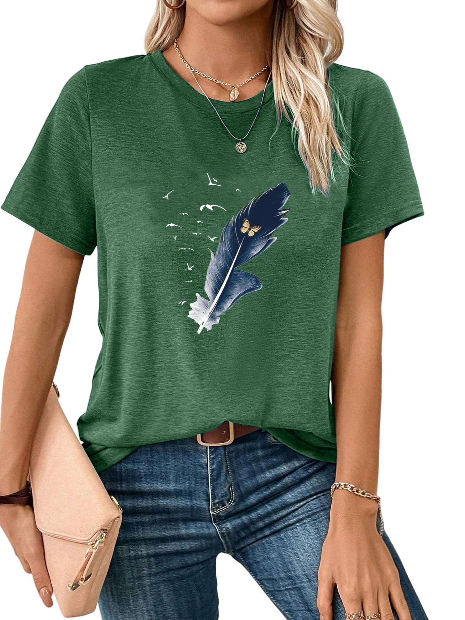 Print-Shirt Damen Elegant Sommer Kurzarmbluse Locker Feder Print-Shirt