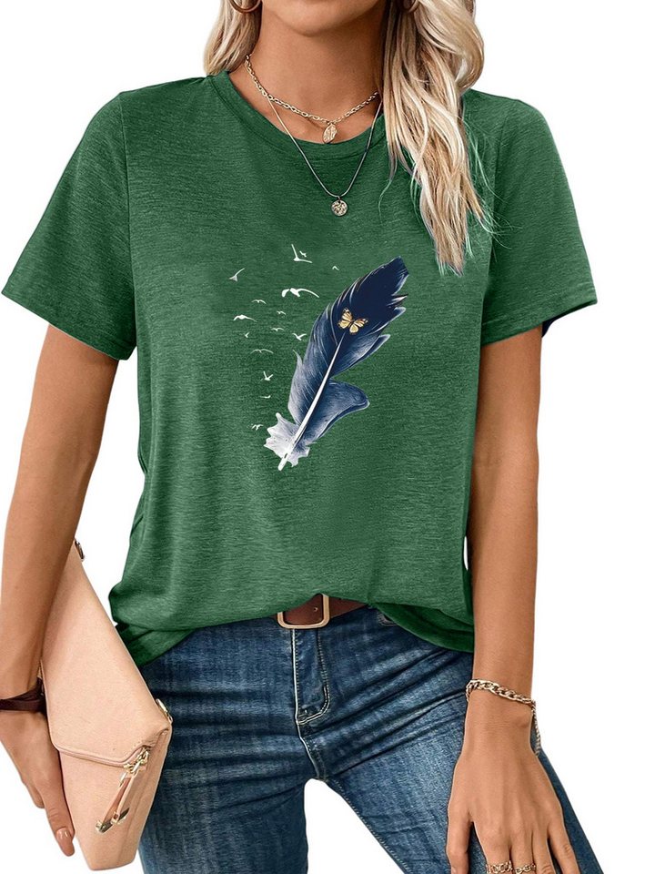 PYLIKE Print-Shirt Damen Elegant Sommer Kurzarmbluse Locker Feder Print-Shirt Bequem für Freizeit und Büro,Strandurlaub
