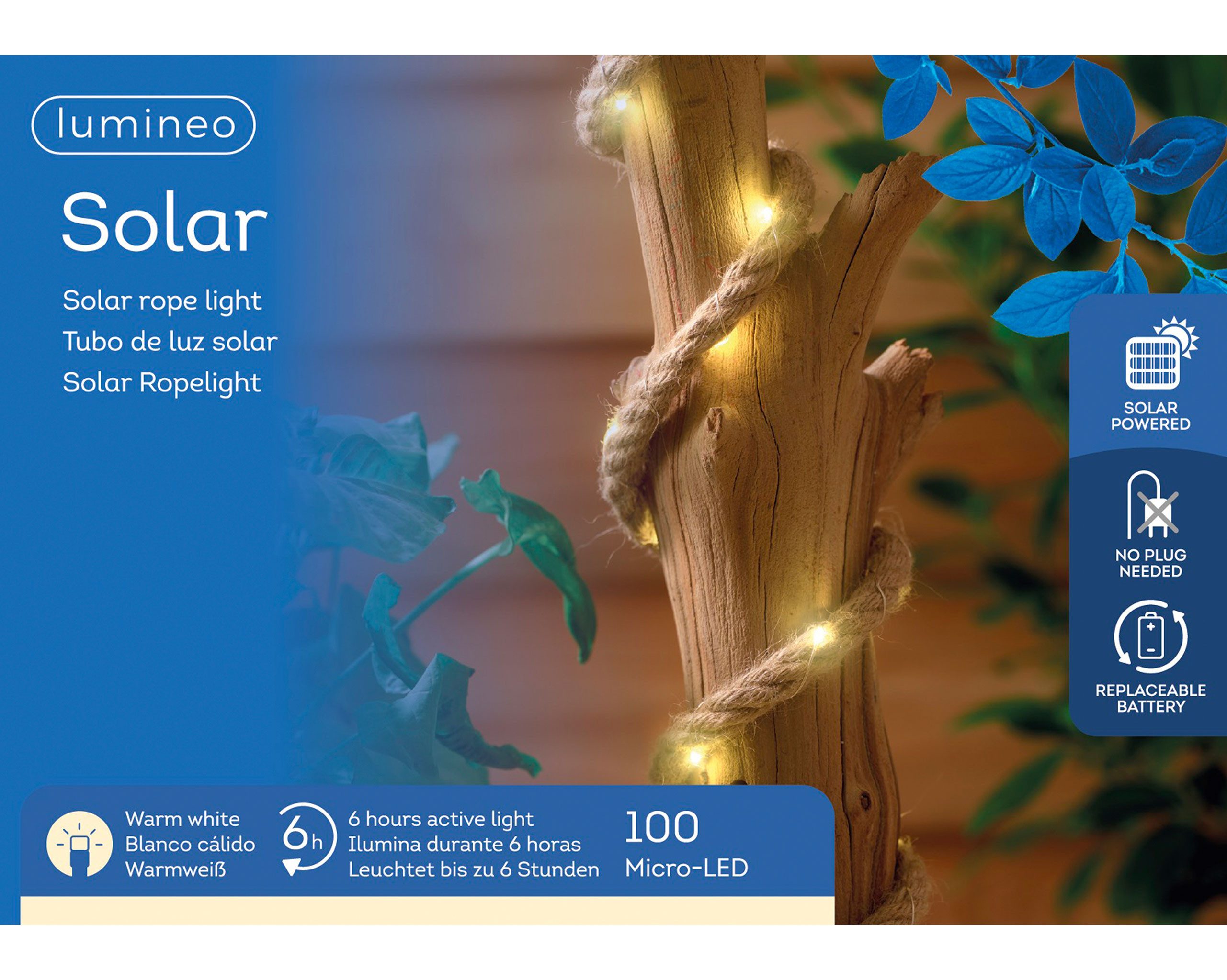 Lumineo LED Solarleuchte, Dauerlicht, warmweiß, LED Solar Seil Lichterkette 5m Jute Kunststoff Warmweiß