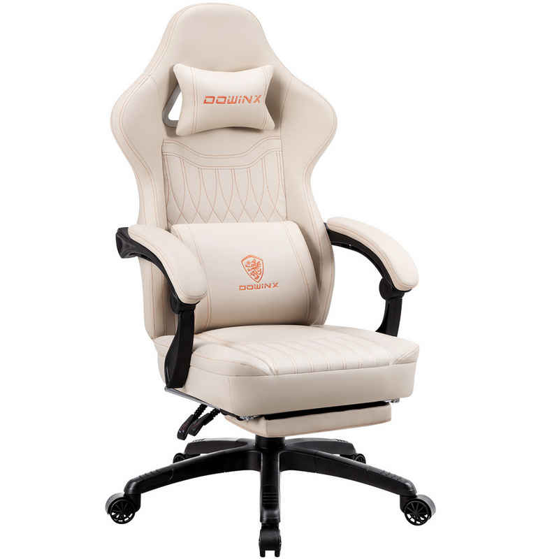 Dowinx Gaming-Stuhl Mit Federkissen, Massage-Lendenwirbelstütze Fußstütze, Rennspielsessel, Ergonomisches Design, PU-Leder, Weiß
