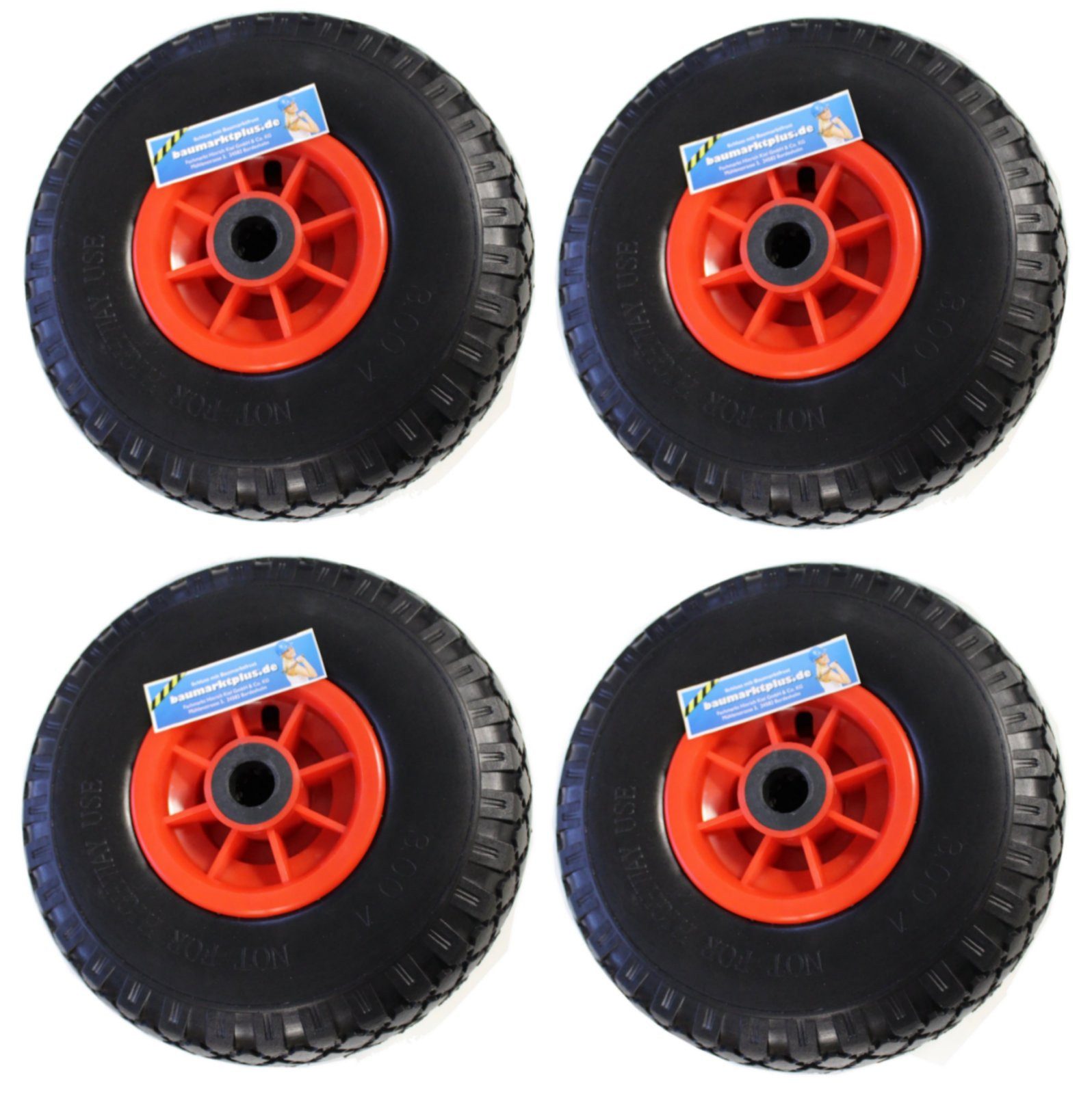 Sackkarren-Rad 4x PU-Rad 260x85 mm zentrierte Nabe Ø 20 mm rot Vollgummi Bollerwagen