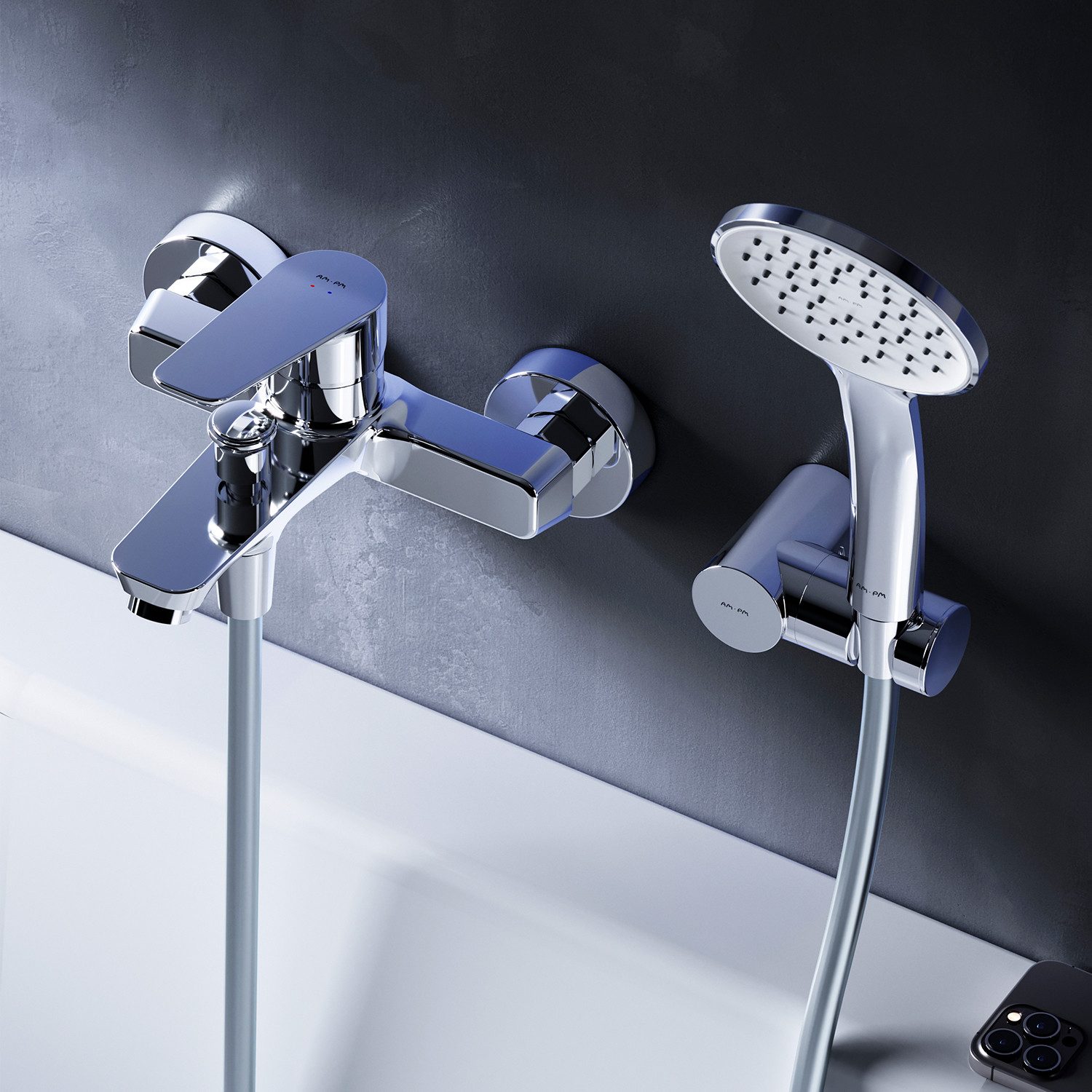 AM.PM Wannenarmatur Badewannenarmatur HIT mit Handbrause und Wandhalterung Chrom Silber (Badarmatur- Dusche-Set für die Badewanne, Einhebelmischer mit Wannenauslauf & Duschschlauch & Brause & Halter) Bad-Armatur mit Duschbrause und Halterung