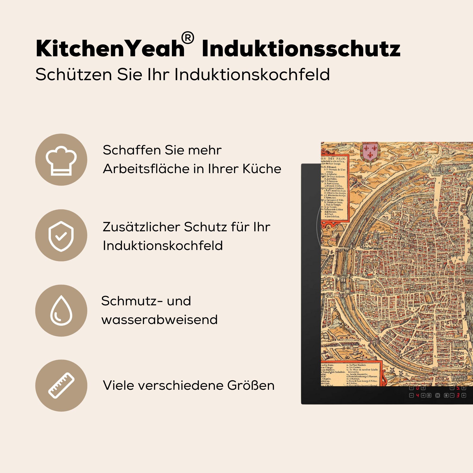 küche für MuchoWow (1 Stadtplan Paris Ceranfeldabdeckung, Frankreich Herdblende-/Abdeckplatte - - von tlg), Stadtplan, Vinyl, Arbeitsplatte Seine cm, 78x78 -