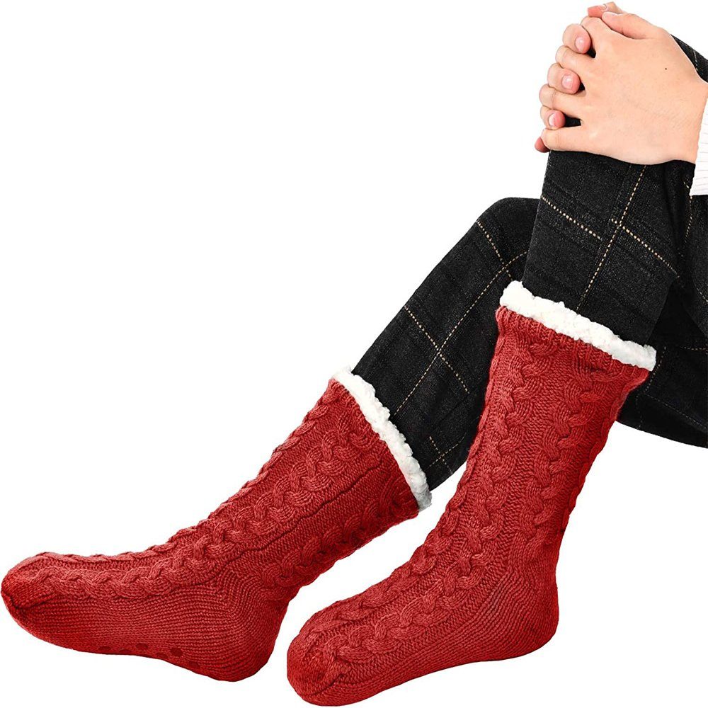 GelldG Warme rot Pantoffel Damen Thermosocken Paar Socken 2 Socken + grau Fuzzy Weihnachten