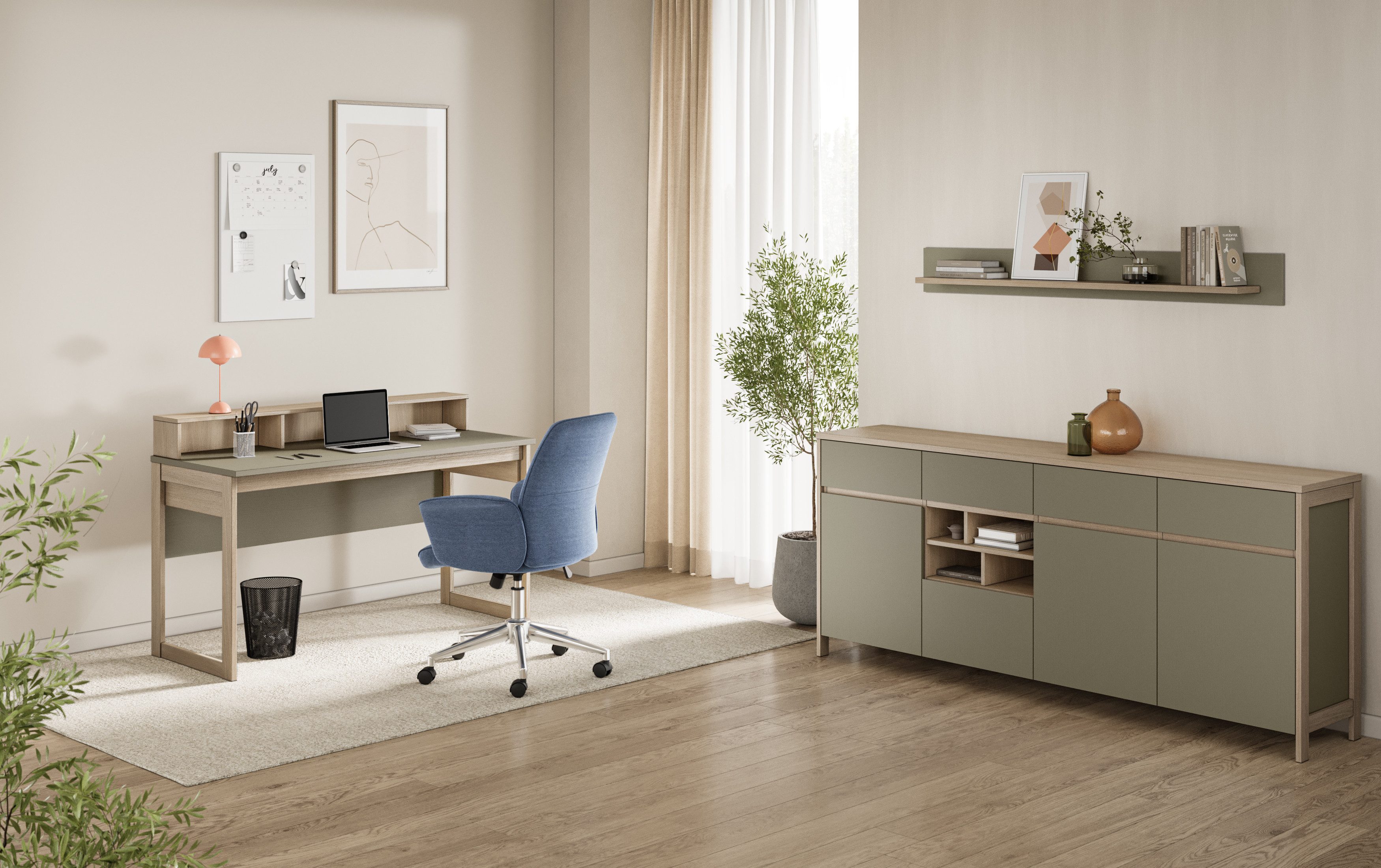 Home affaire Büromöbel-Set Stranda im Scandi-Style, Home Office, Büro in zwei Farben verfügbar, (3-tlg), enthält Schreibtisch, Sideboard und Wandboard