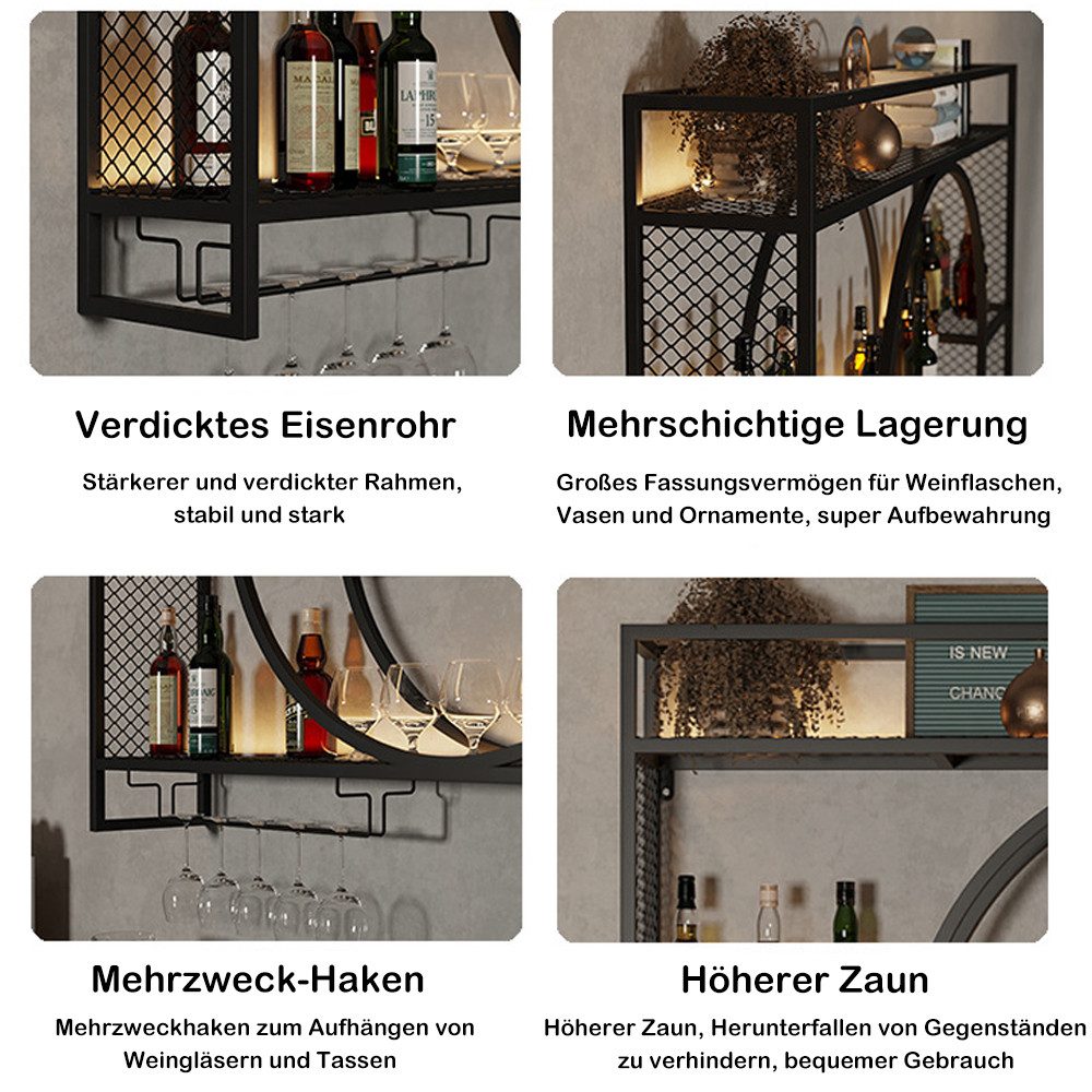 TUWENA Weinregal Weinregal Metall, Wandmontage 3-stöckiges Barregal, schwebende Regal, Küchenaufbewahrung mit Weinglashalter, für Küche, Esszimmer, Bar, Deko