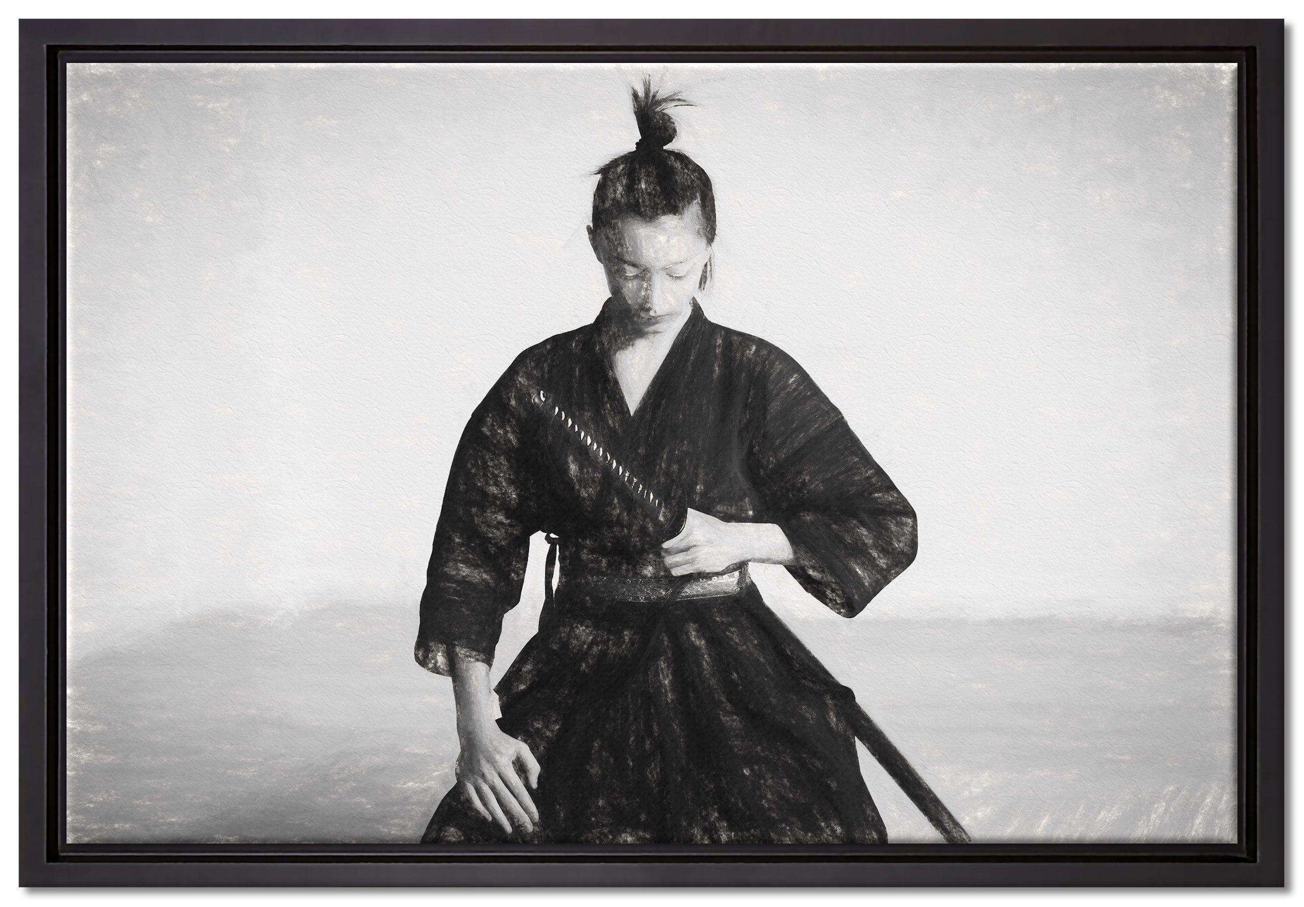 Pixxprint Leinwandbild stolze Samurai-Kriegerin Kunst, Wanddekoration (1 St), Leinwandbild fertig bespannt, in einem Schattenfugen-Bilderrahmen gefasst, inkl. Zackenaufhänger