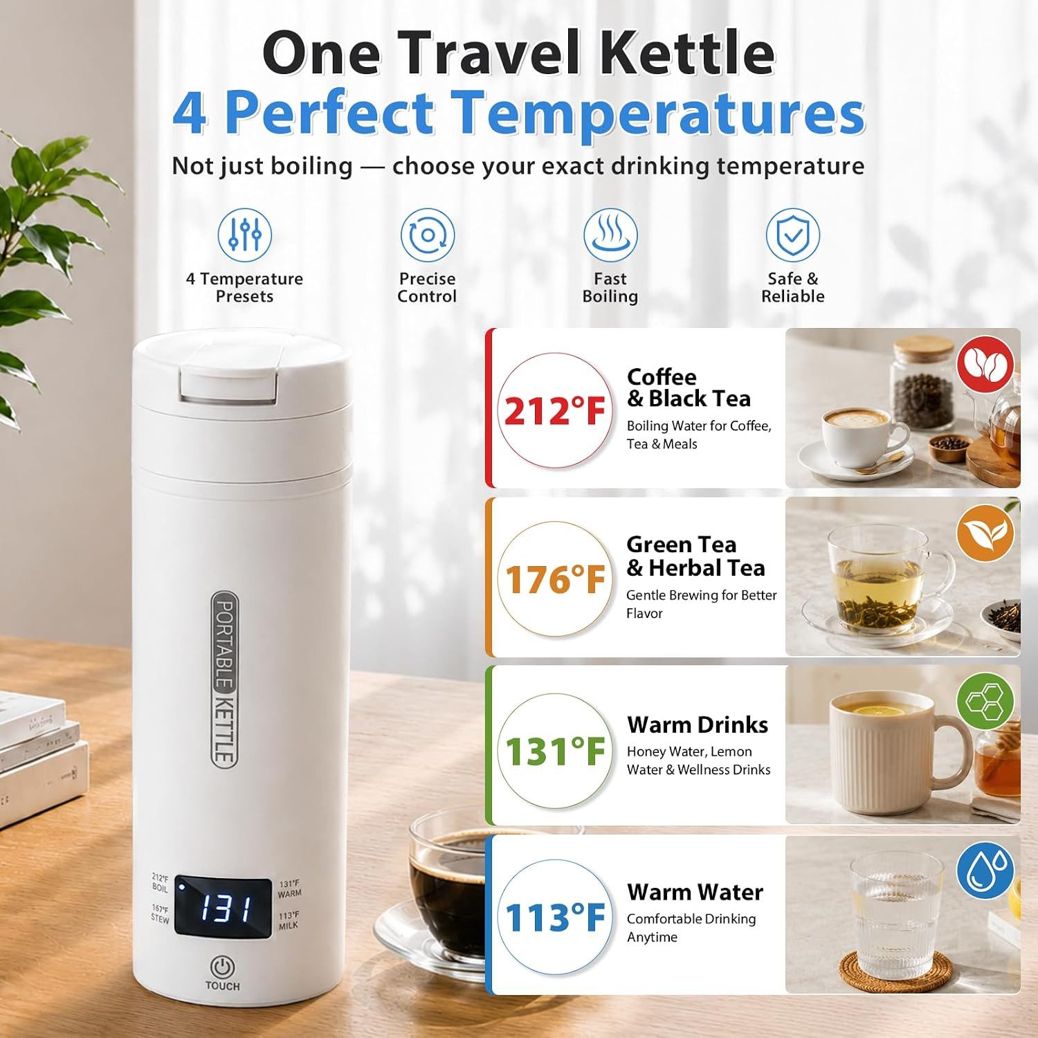 Fyrove Reise-Wasserkocher Tragbarer Wasserkocher, 500 ml, Edelstahl 316, LCD, 4 Temperaturstufen, Heizbecher, 300 W, Warmhaltefunktion für Hotel, Büro und unter – Bild 2 von 5
