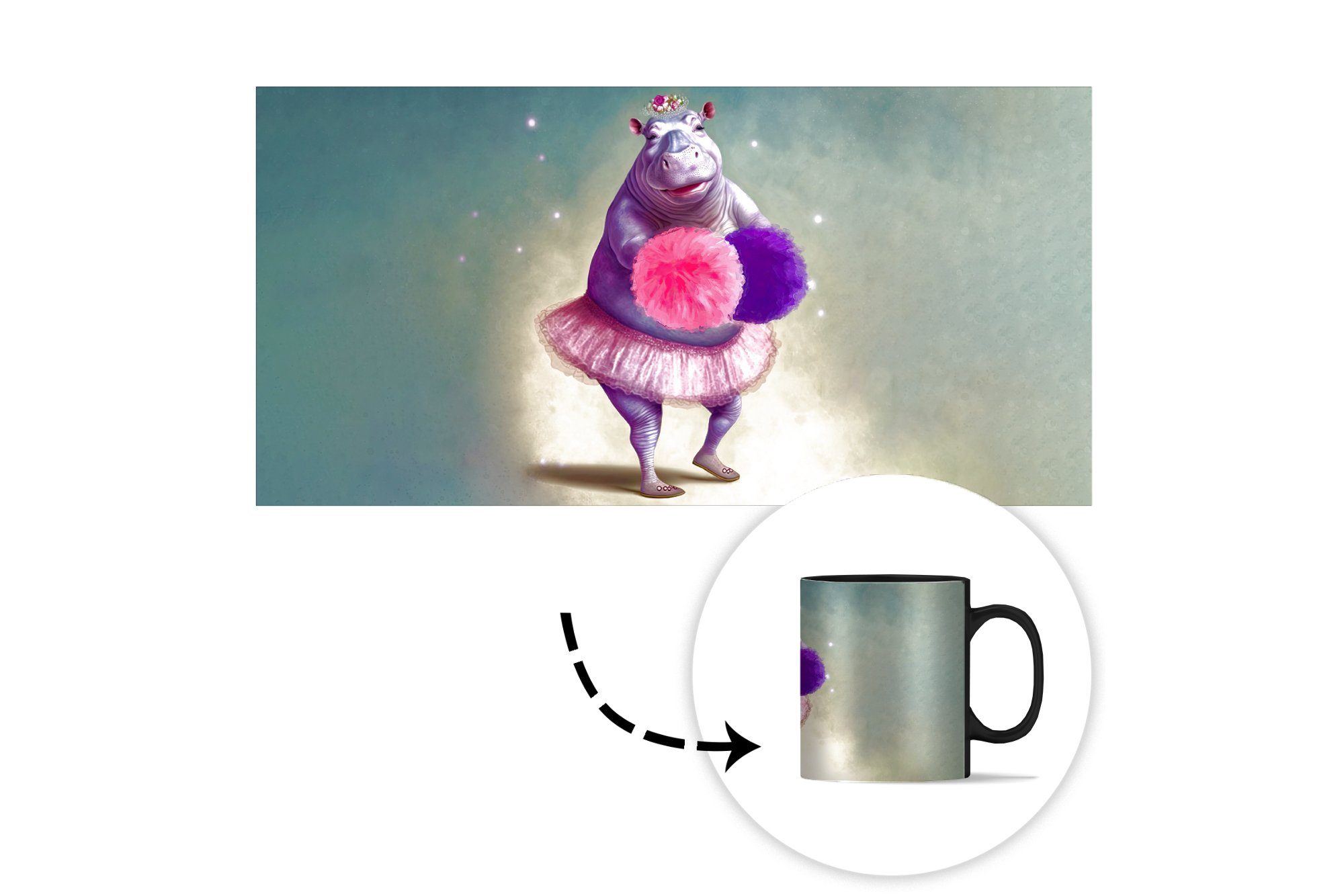 Geschenk Porträt Kaffeetassen, - - - Tasse Keramik, - Zaubertasse, MuchoWow Farbwechsel, Blumen Ballerina Pompons Teetasse, Kinder, - Nilpferd