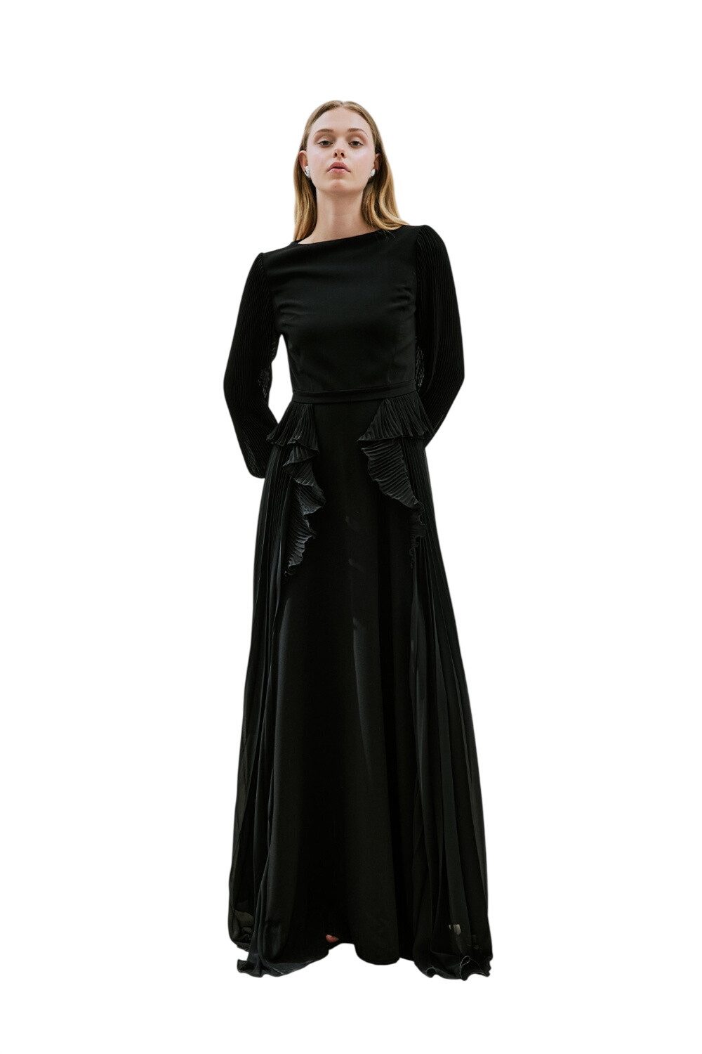 MANUKA Midikleid GESCHICHTENES PLIESSUNGSKLEID, SCHWARZ