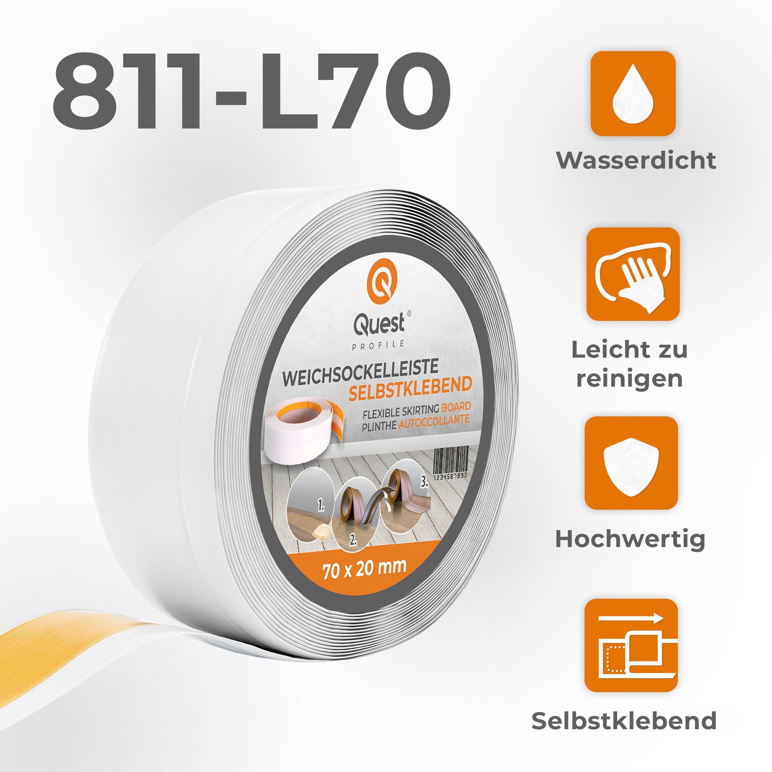 Quest Sockelleiste Weichsockelleiste Selbstklebend Knickleiste 70x20 mm, L: 100,00 cm, H: 7,00 cm, Packung, 1-St., wasserfest, UV-beständig, für Küche & Bad – Bild 3 von 5