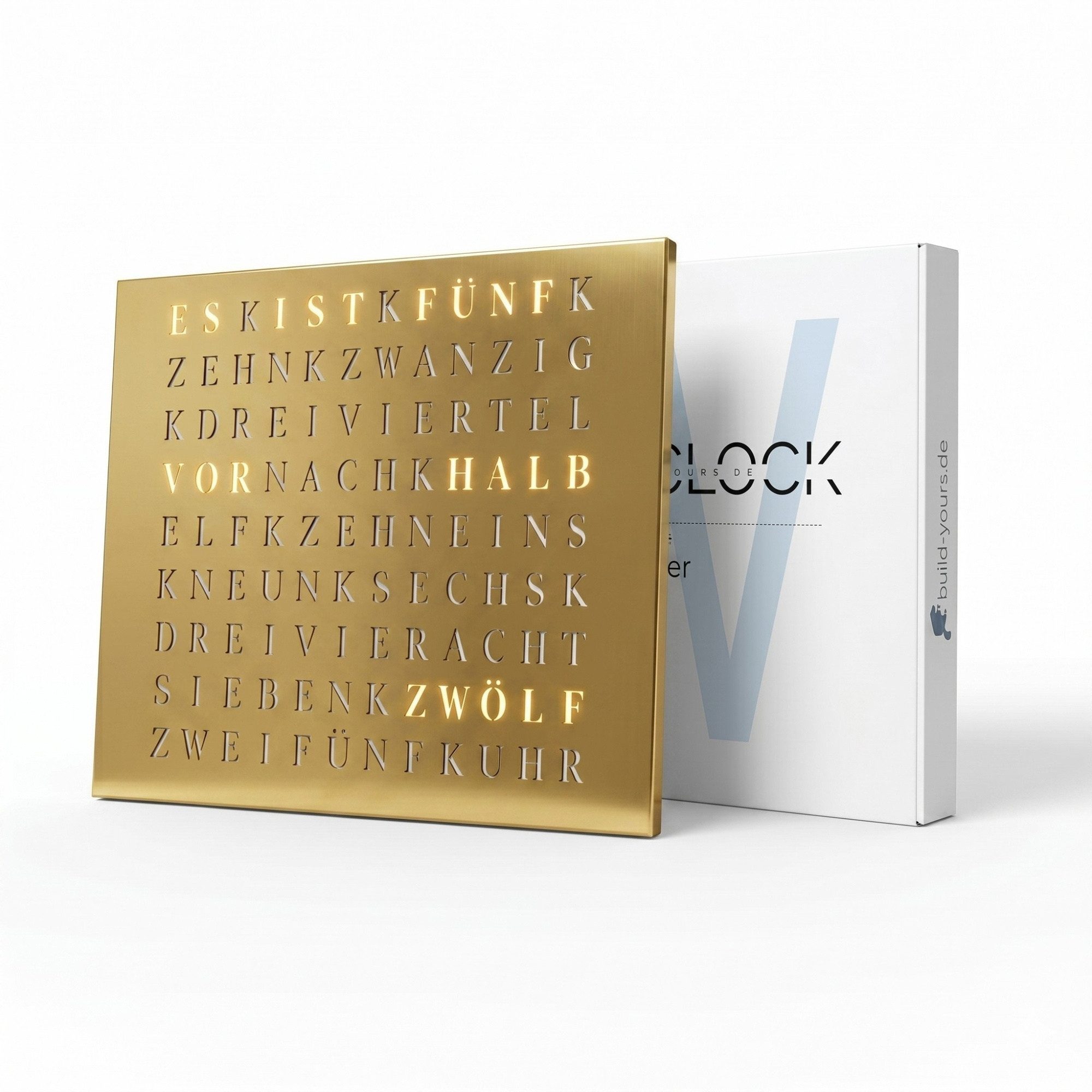 build-yours.de Wanduhr Jupiter 2.0 Steel Edition (50 × 40 cm) (Stainless Steel Gold Edition – Smarte Wortuhr,App-Steuerung, RGBW LEDs)