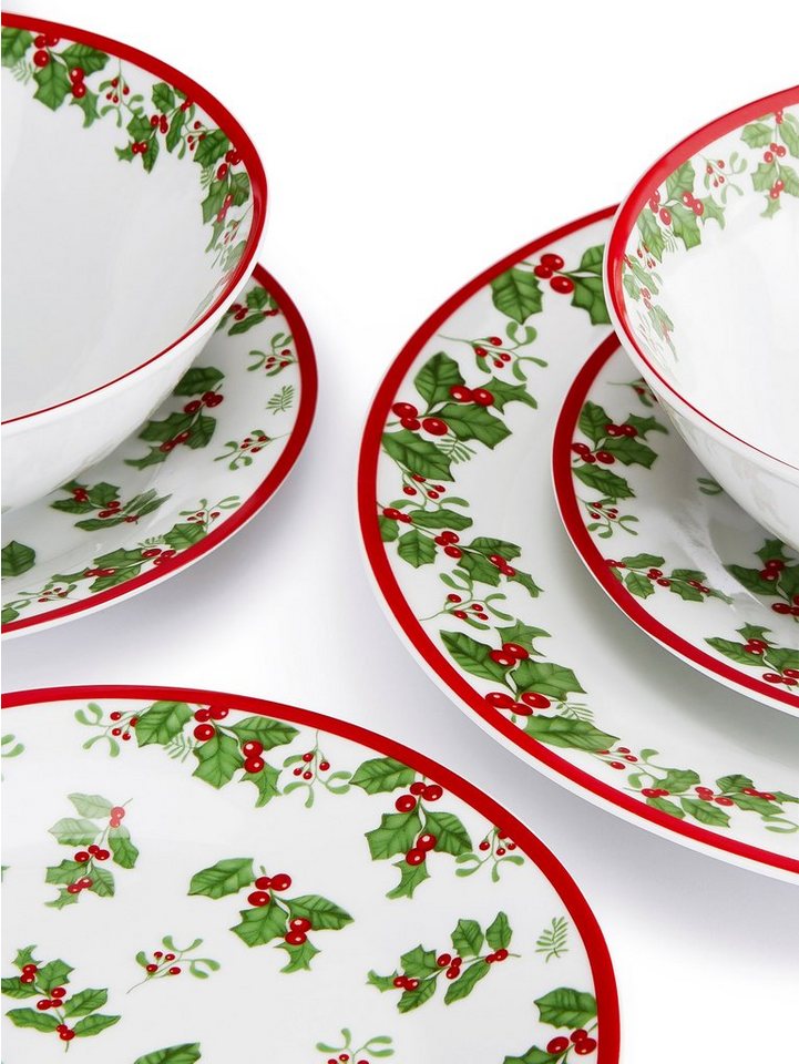 Retsch Arzberg Tafelservice Geschirr-Set, Service Holly, Winter, Advent,  Weihnachten (18-tlg), 6 Personen, Porzellan, Stechpalmen-Dekor, 18 Teile,  für 6 Personen