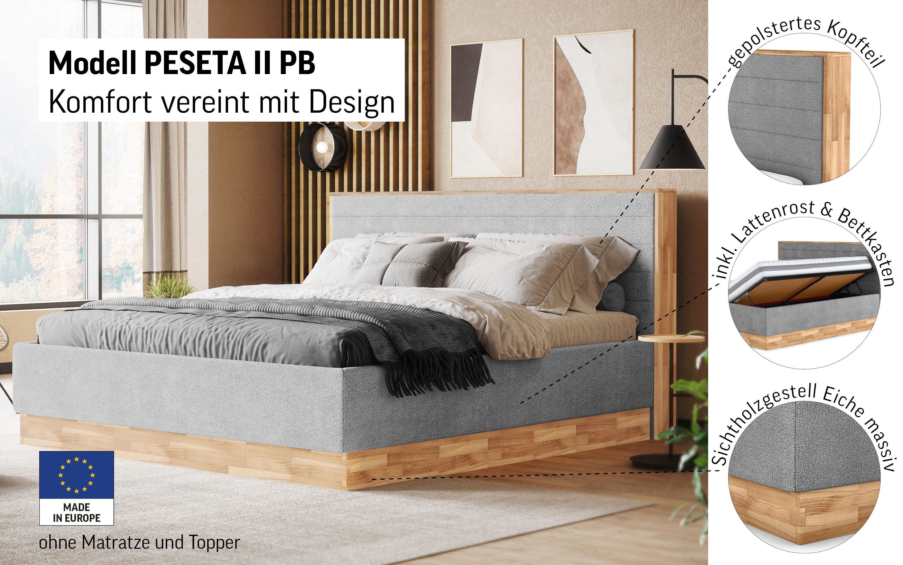 COTTA Polsterbett PESETA inkl. Lattenrost und Stauraum, erhältlich in 160cm & 180cm, mit Echtholzleiste und gepolstertem Kopfteil