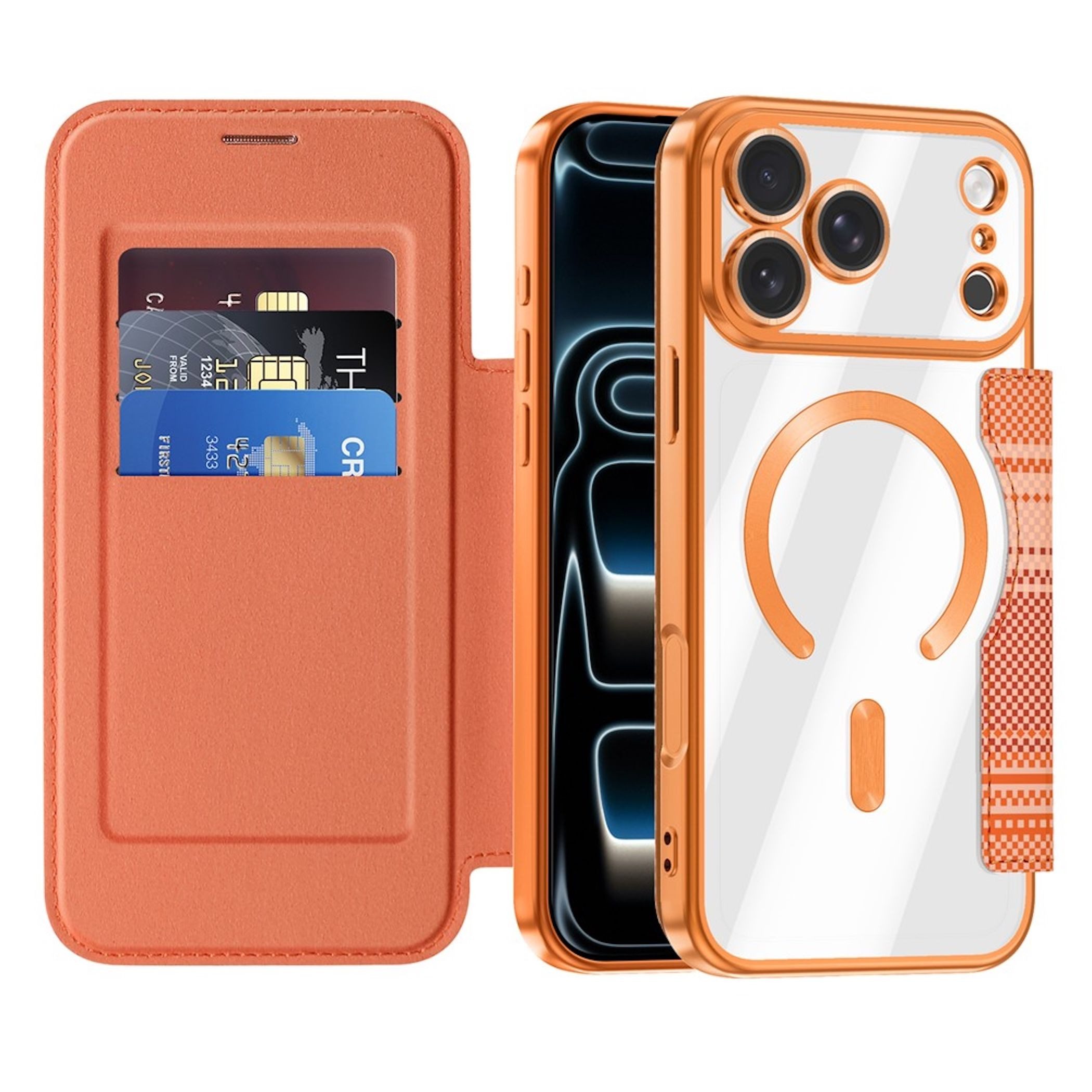 Wigento Handyhülle MagSafe für Apple iPhone 17 Pro Kunstleder RFID Design Schutz Orange 6,3 Zoll, MagSafe, RFID Schutz, Standfunktion