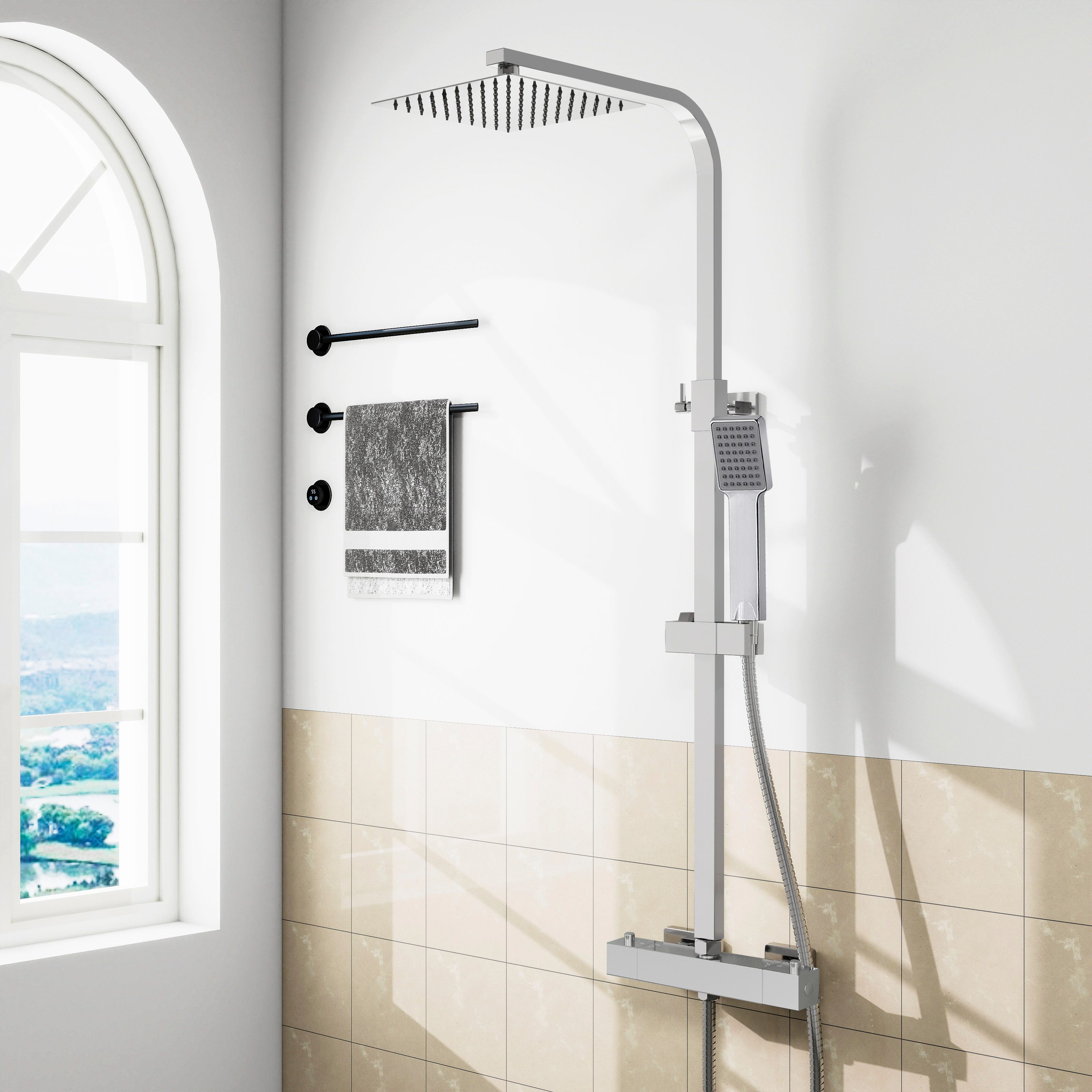 duschspa Duschsystem Duschset mit Thermostat 38℃ Verstellbare Duschstange aus Edelstahl, 2 Strahlart(en), Regendusche mit quadratischem Duschkopf 20x20cm Chrom/Schwarz