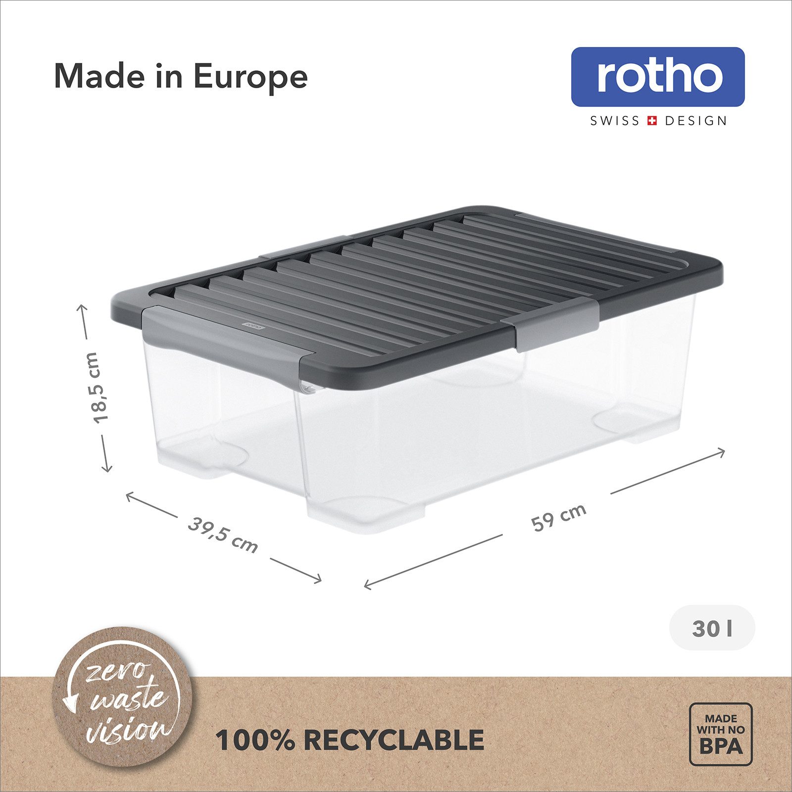 ROTHO Aufbewahrungsbox 4er-Set CORE PRO 30 L stapelbare Box mit gedichteter Deckel (Lagerboxen-Set, 4er-Set), Dichtbox ideal für Kleidung, Vorräte und Haushaltsartikel