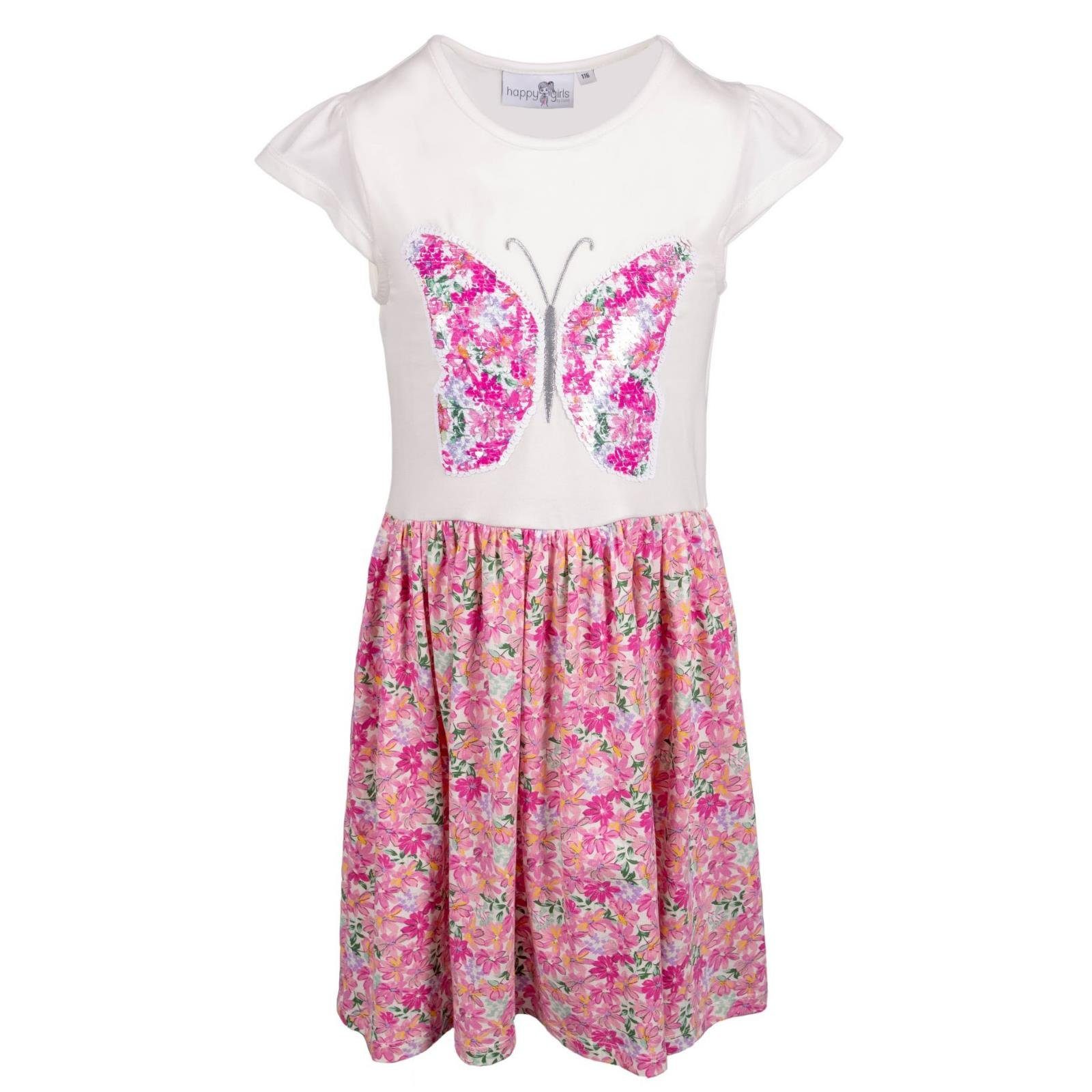 happy girls A-Linien-Kleid Happy Girls Kleid Pink Schmetterling Pailetten für Mädchen leichtes sommerliches Kleid kurzarm mit Schmetterling Blumenprint und Pailetten