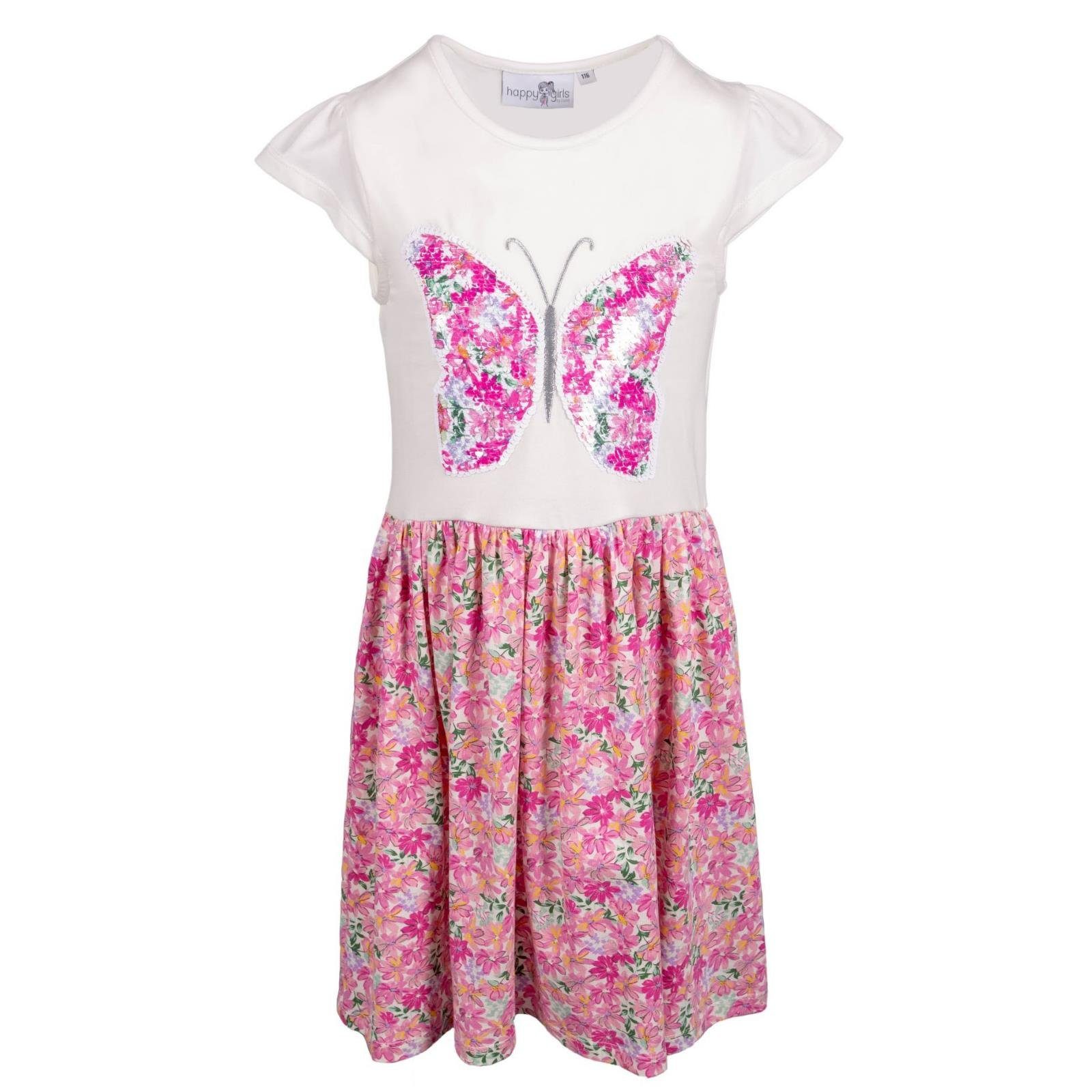 happy girls A-Linien-Kleid Happy Girls Kleid Pink Schmetterling Pailetten  für Mädchen leichtes sommerliches Kleid kurzarm mit Schmetterling  Blumenprint und Pailetten