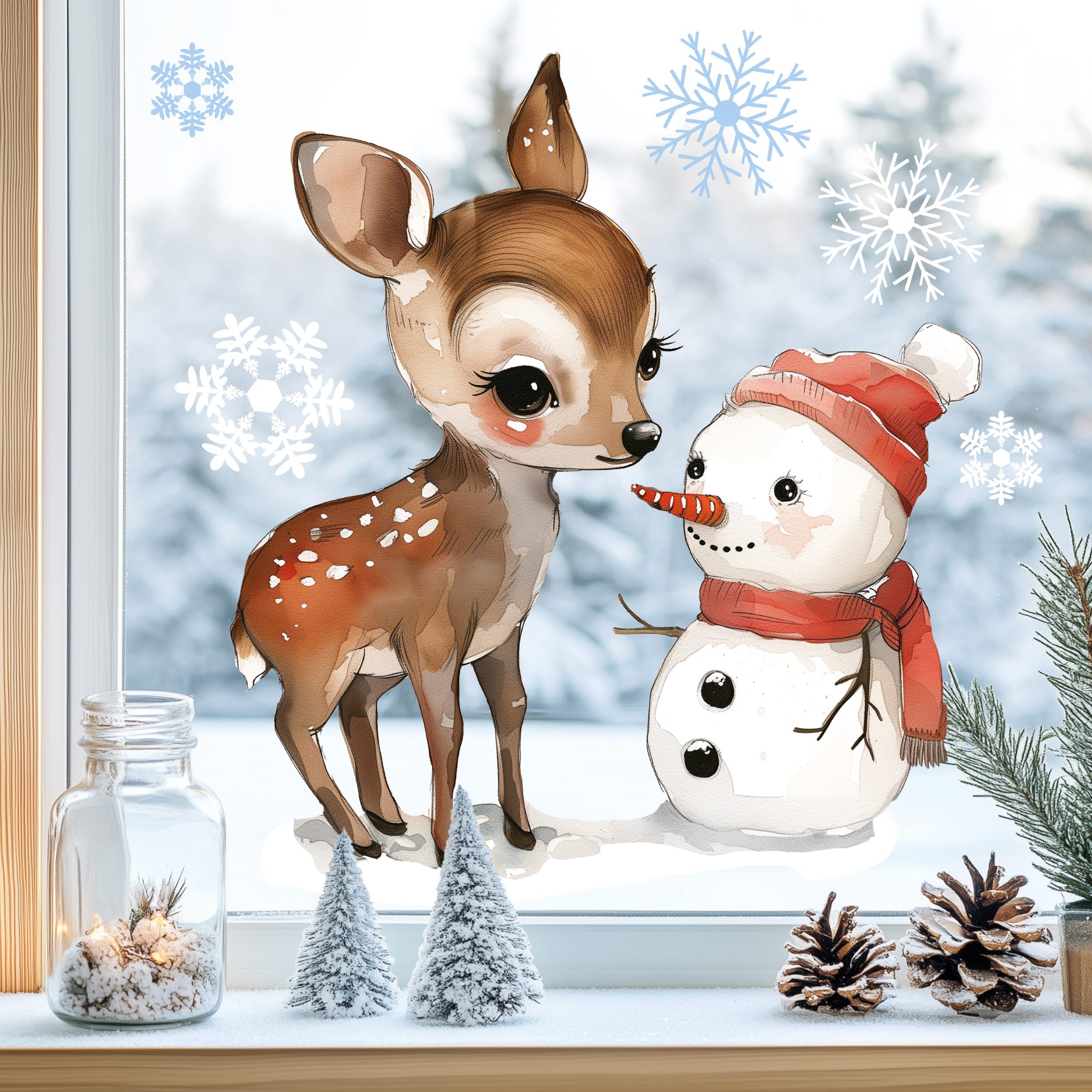 Sunnywall Fensterdekoration Kinderzimmer Fensterbild Winter Reh mit Schneemann