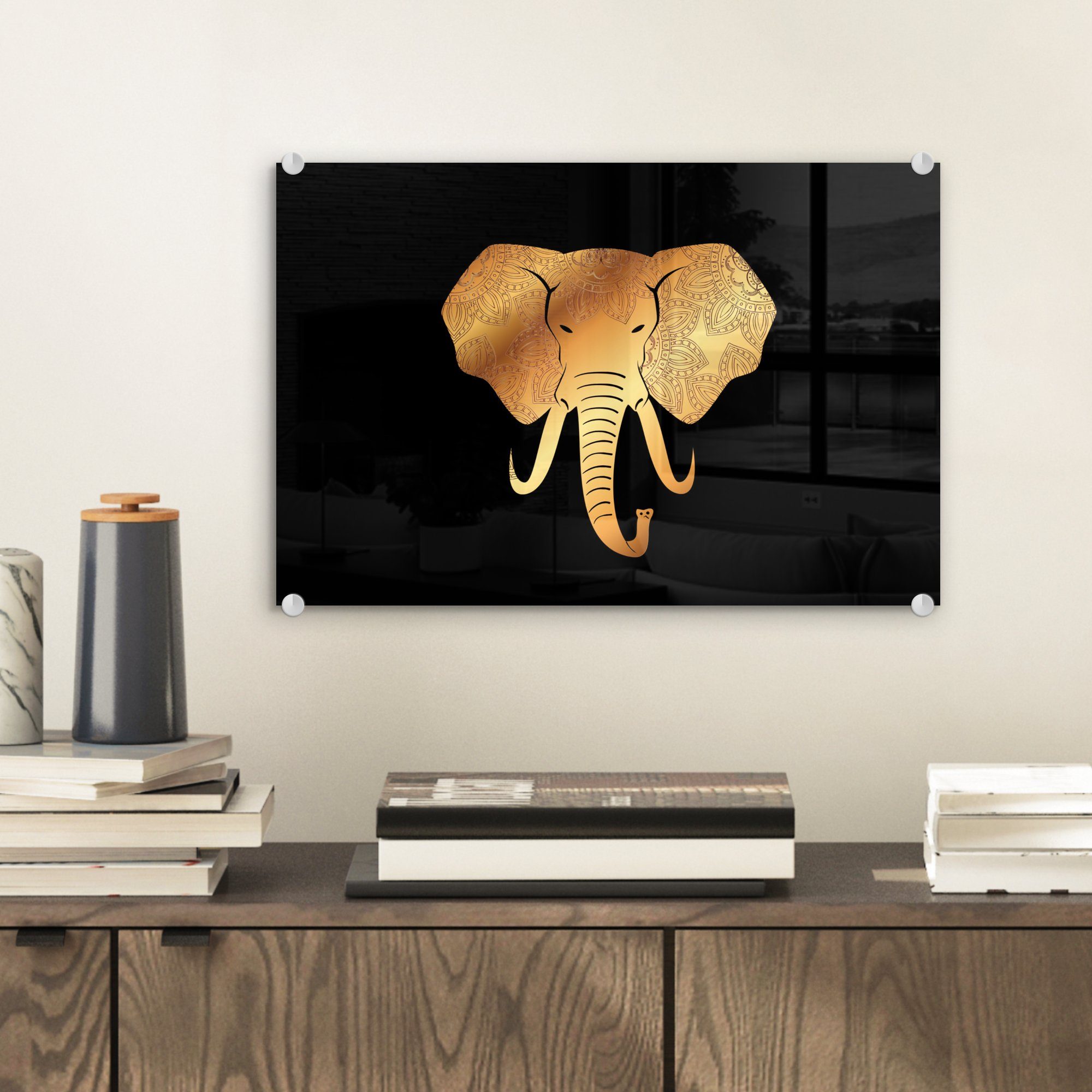 Wandbild - Tasse - Glasbilder Muster, (1 St), Wanddekoration MuchoWow Glas Bilder Glas - auf Gold - auf Acrylglasbild - - Foto Elefant