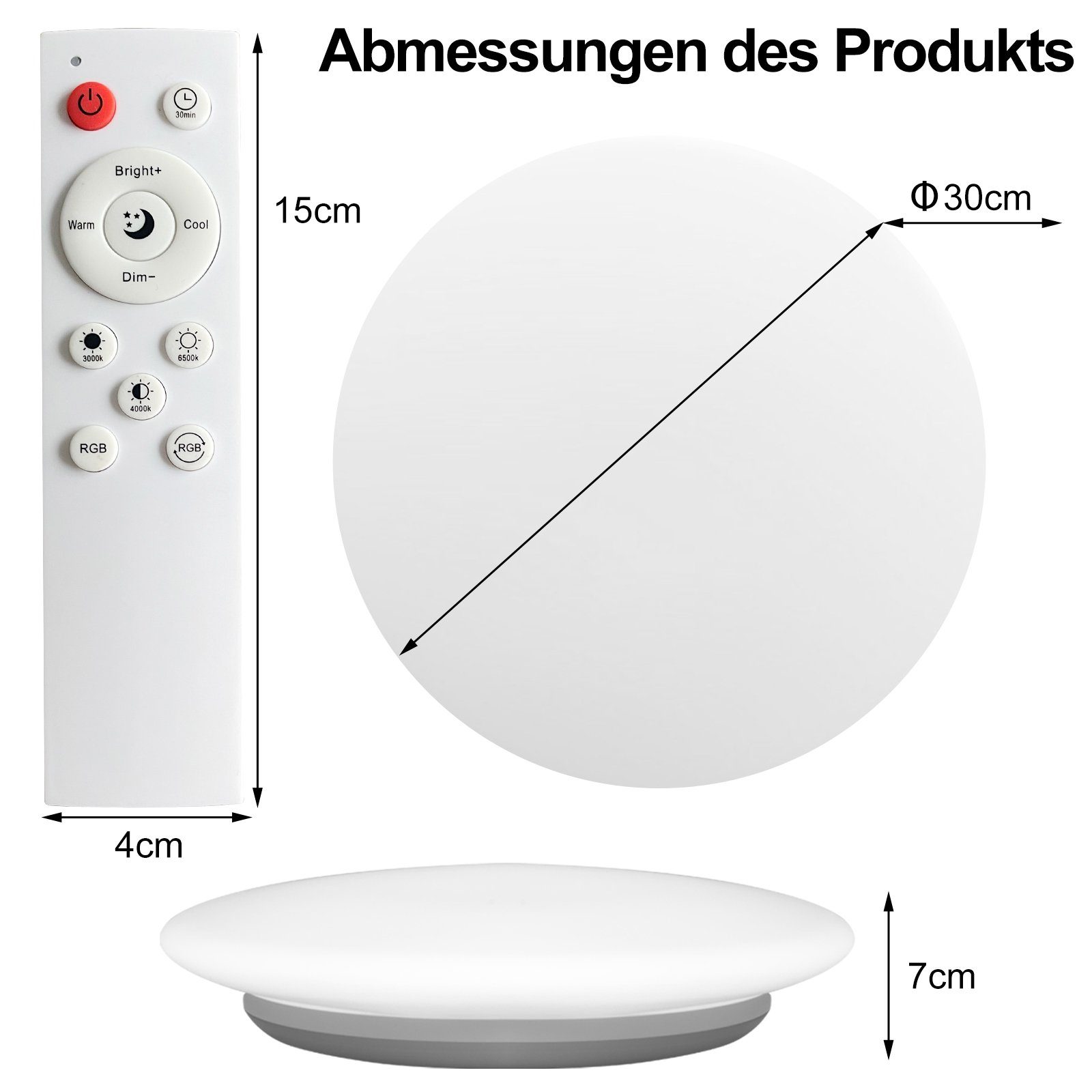 Rosnek LED Deckenleuchte Smart, Flush Mount, 28W, dimmbar, RGB, für  Schlafzimmer Wohnzimmer, RGB-Vollfarbe (16 Millionen Arten der  Farbeinstellung) + CCT-Farbtemperatur (2700K-6500K), Fernbedienung /Sprachsteuerung