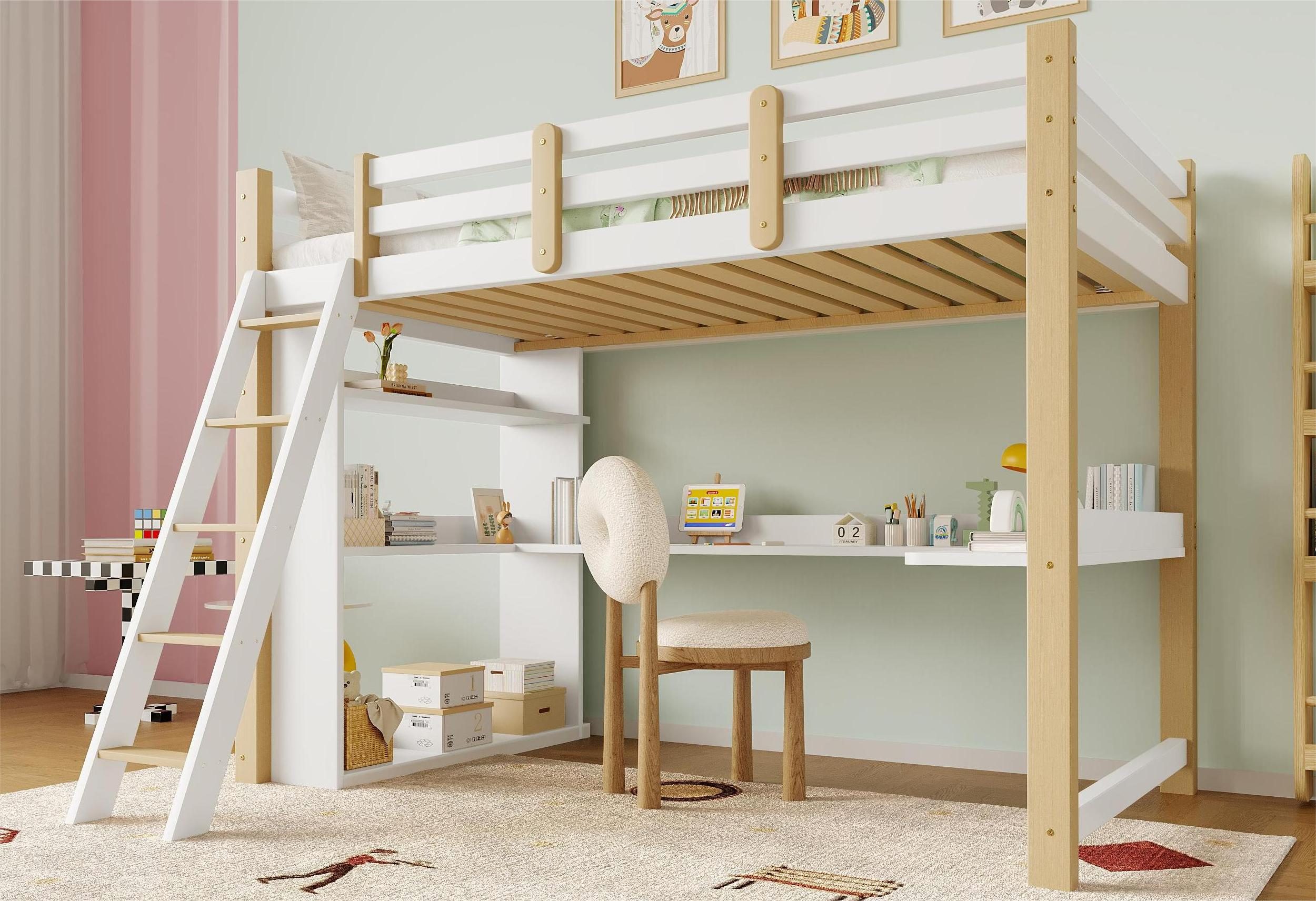 Hochbett 90x200cm Komplettbett Kinderbetten mit Tisch, Hochbett