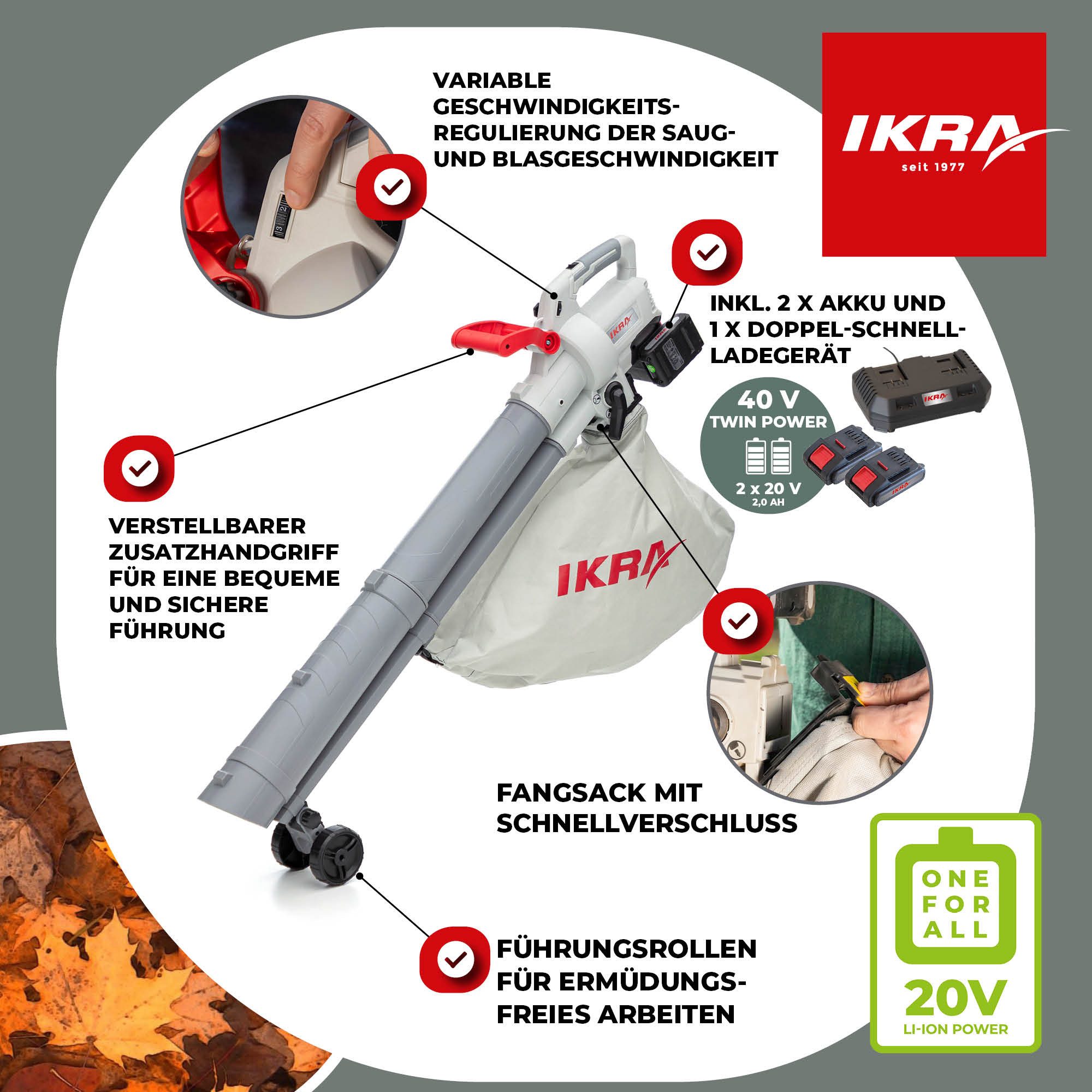 ikra GmbH Akku-Laubbläser IALS 2-20, (Set, inkl. Akku & Doppel-Schnelllader), bis 210km/h, inkl. 2 x 20V Akkus (2,0 Ah) & Schnelllader – Bild 2 von 5