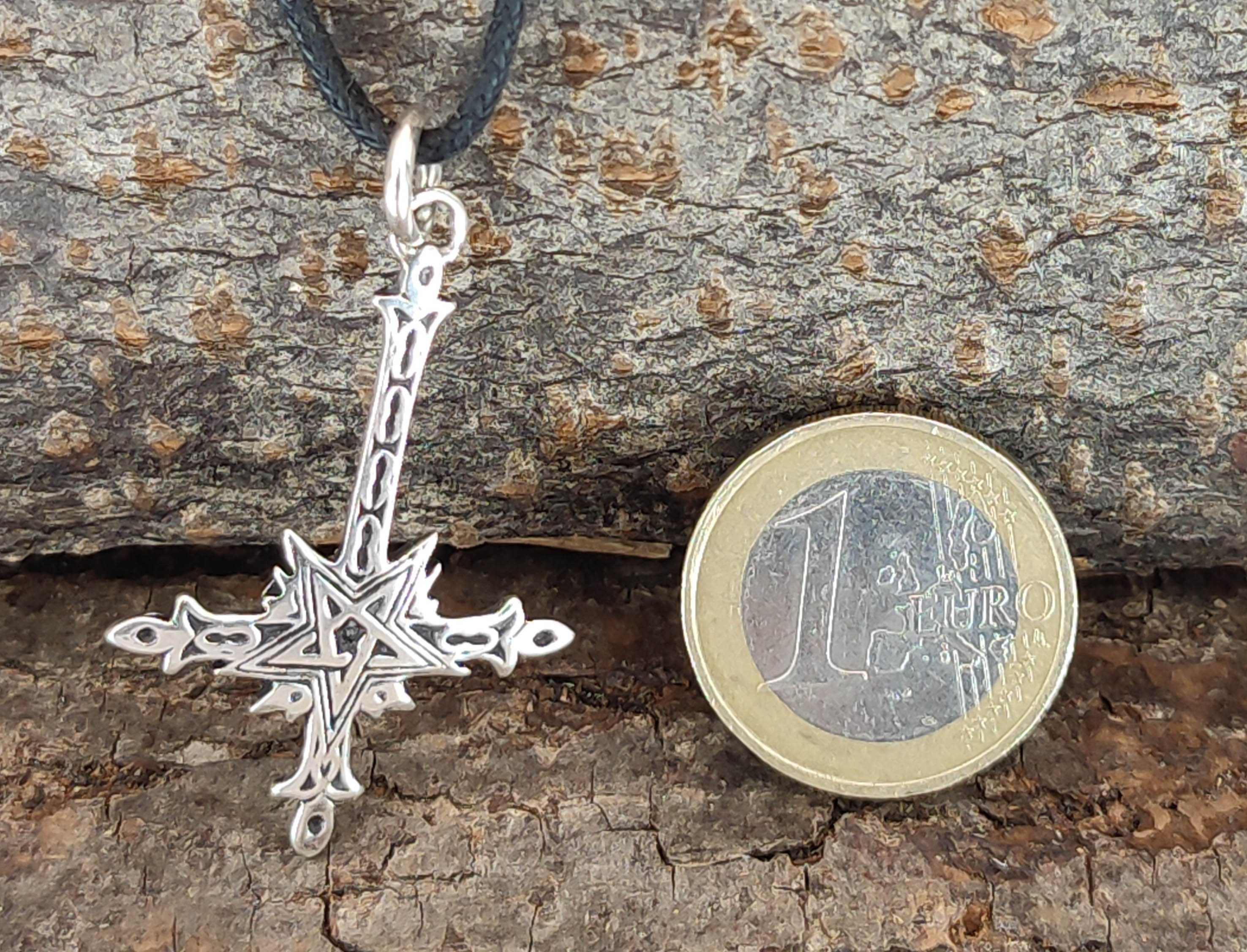 Satan Sterling Silber of Kiss Kreuz Luzifer umgedrehtes Leather Kettenanhänger Pentagramm 925