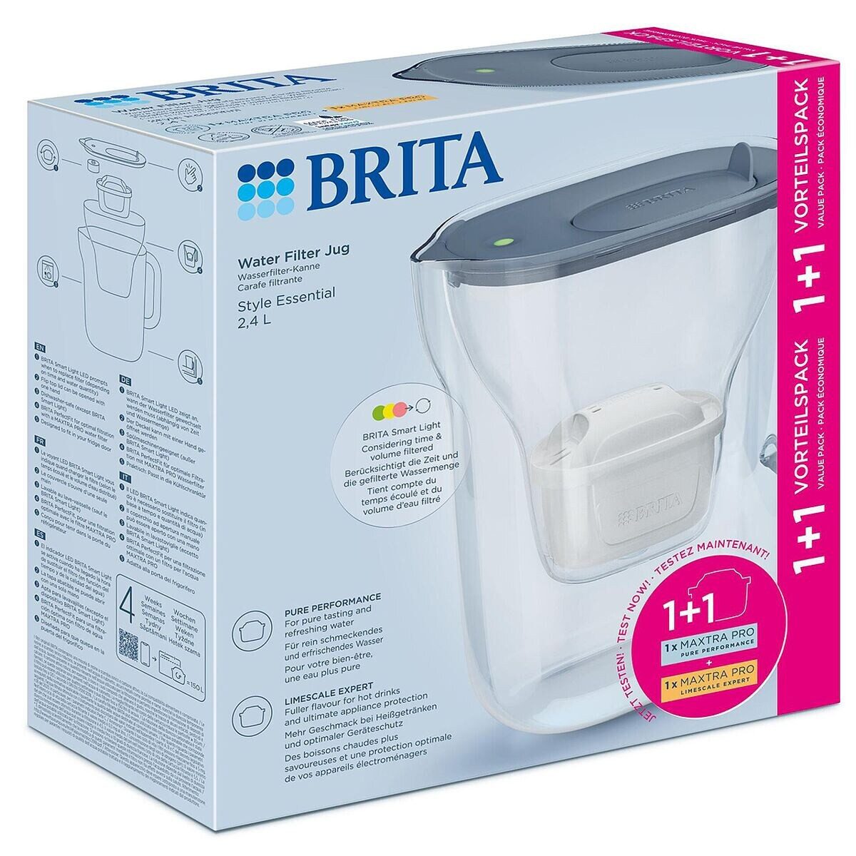 BRITA Wasserfilter Style Essential Steinblau, Wasserfilter-Kanne inkl. 2x Filter